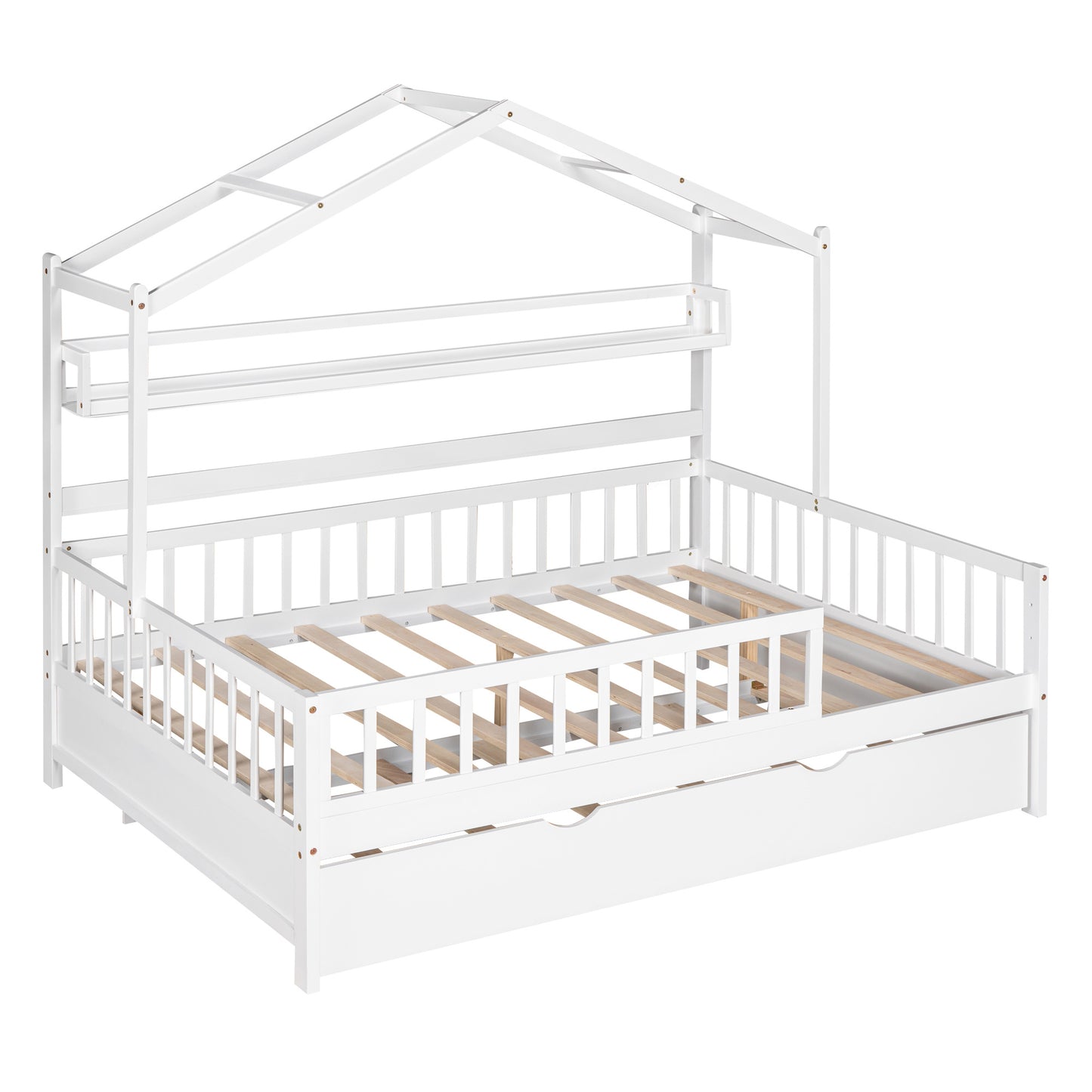 Wooden Full Size House Bed with Twin Size Trundle,Kids Bed with Shelf