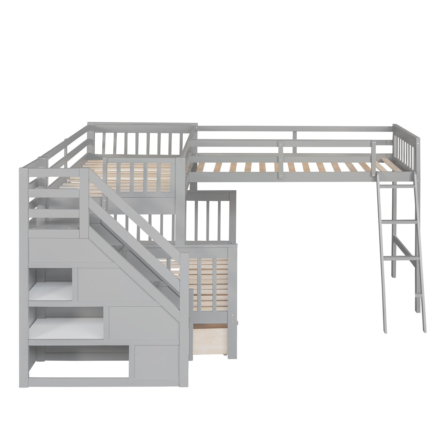 Twin over Full L-Shaped Bunk Bed With 3 Drawers, Ladder and Staircase