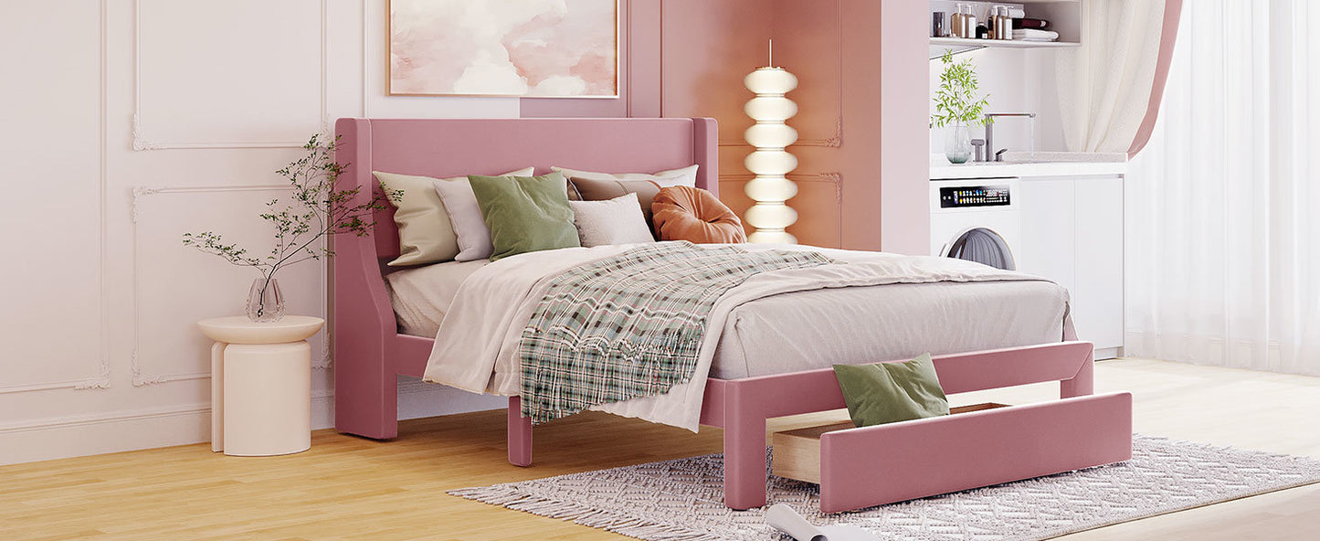 Queen Size Storage Bed Velvet Upholstered Platform Bed with a Big Drawer - Pink