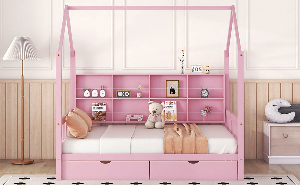 Wooden Full Size House Bed with 2 Drawers,Kids Bed with Storage Shelf, Pink