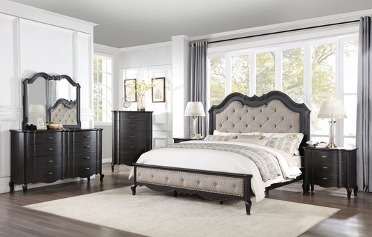 ACME Chelmsford California King Bed, Beige Fabric & Antique Black Finish BD02294CK