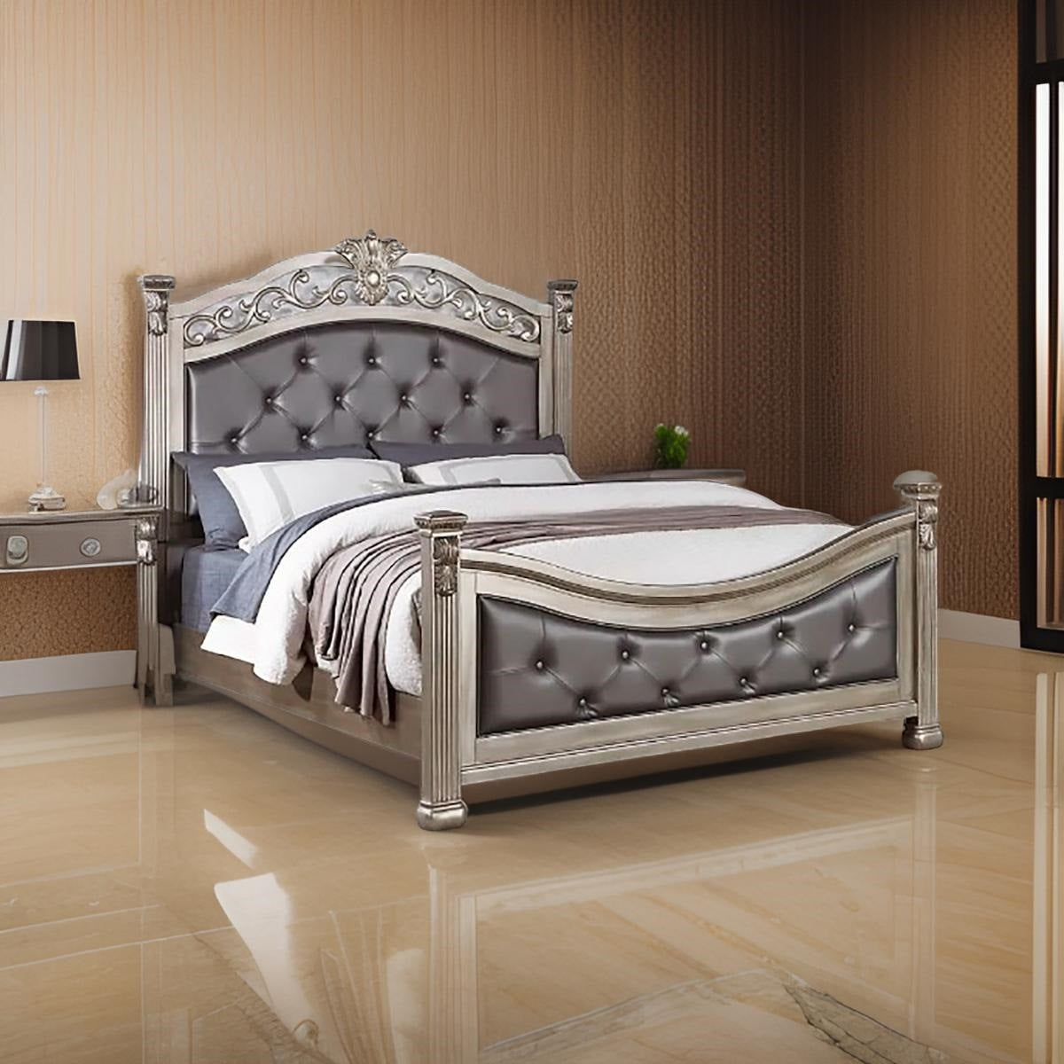 Formal Traditional Antique Silver 1pc California King Size Bed Tufted Faux Leather Headboard Footboard Bedframe