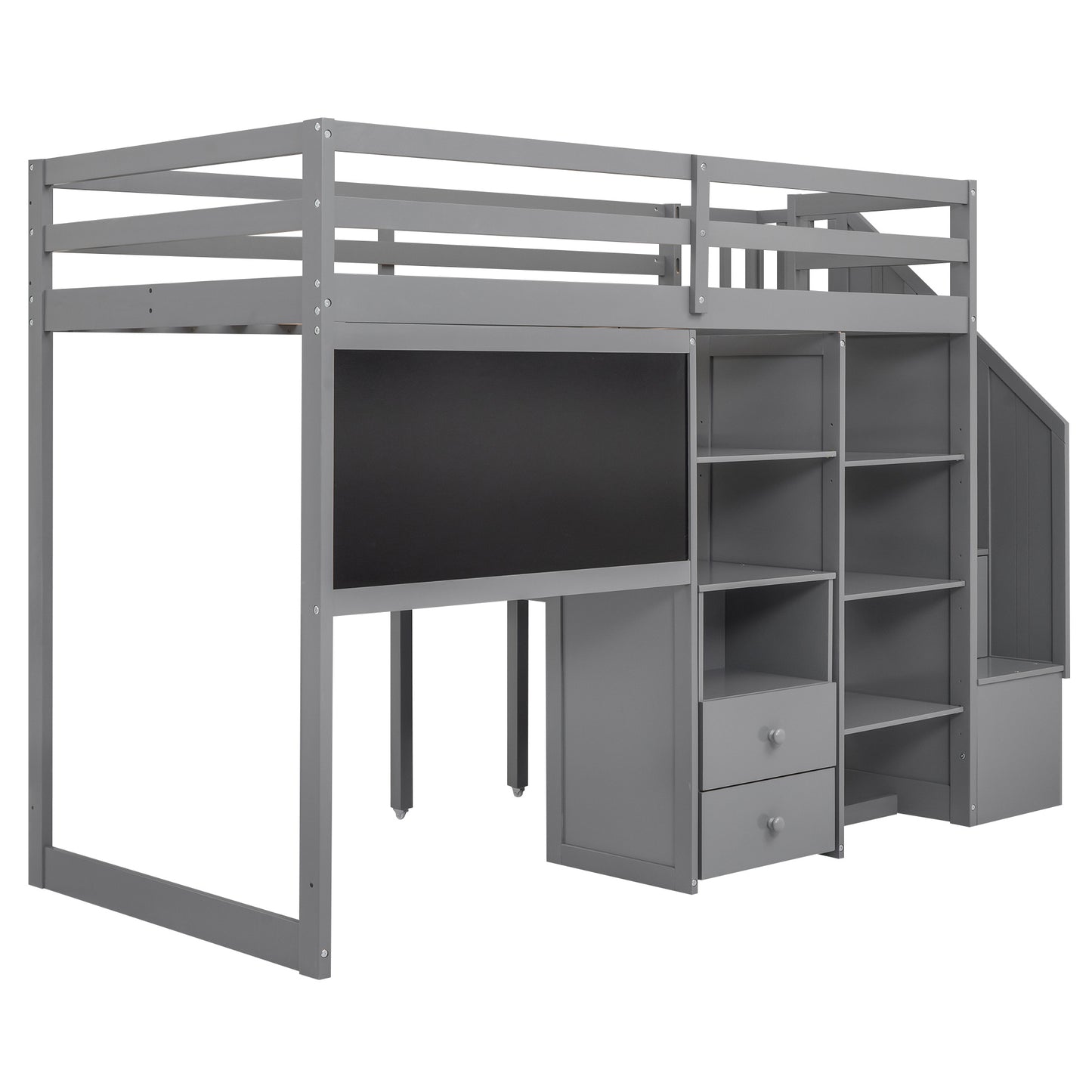 Twin Size Loft Bed with Pullable Desk and Storage Shelves; Staircase and Blackboard