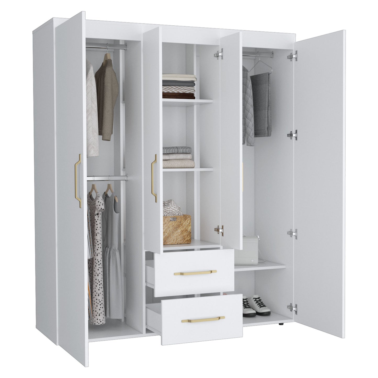 Bariloche Wardrobe with Hanging Rods, Shelves, and 2 Drawers in White