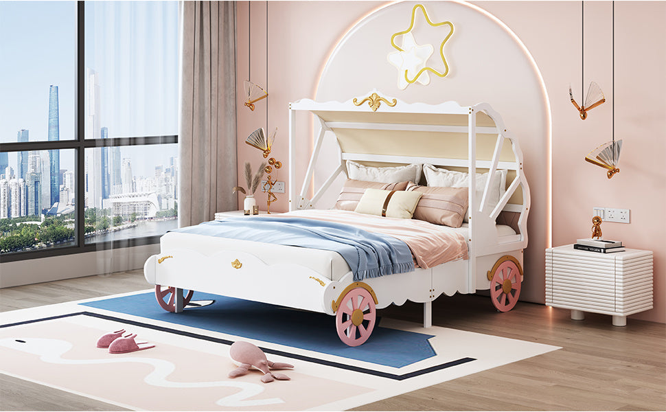 Full Size Princess Carriage Bed with Canopy, Wood Platform Car Bed with 3D Carving Pattern, White+Pink+Gold