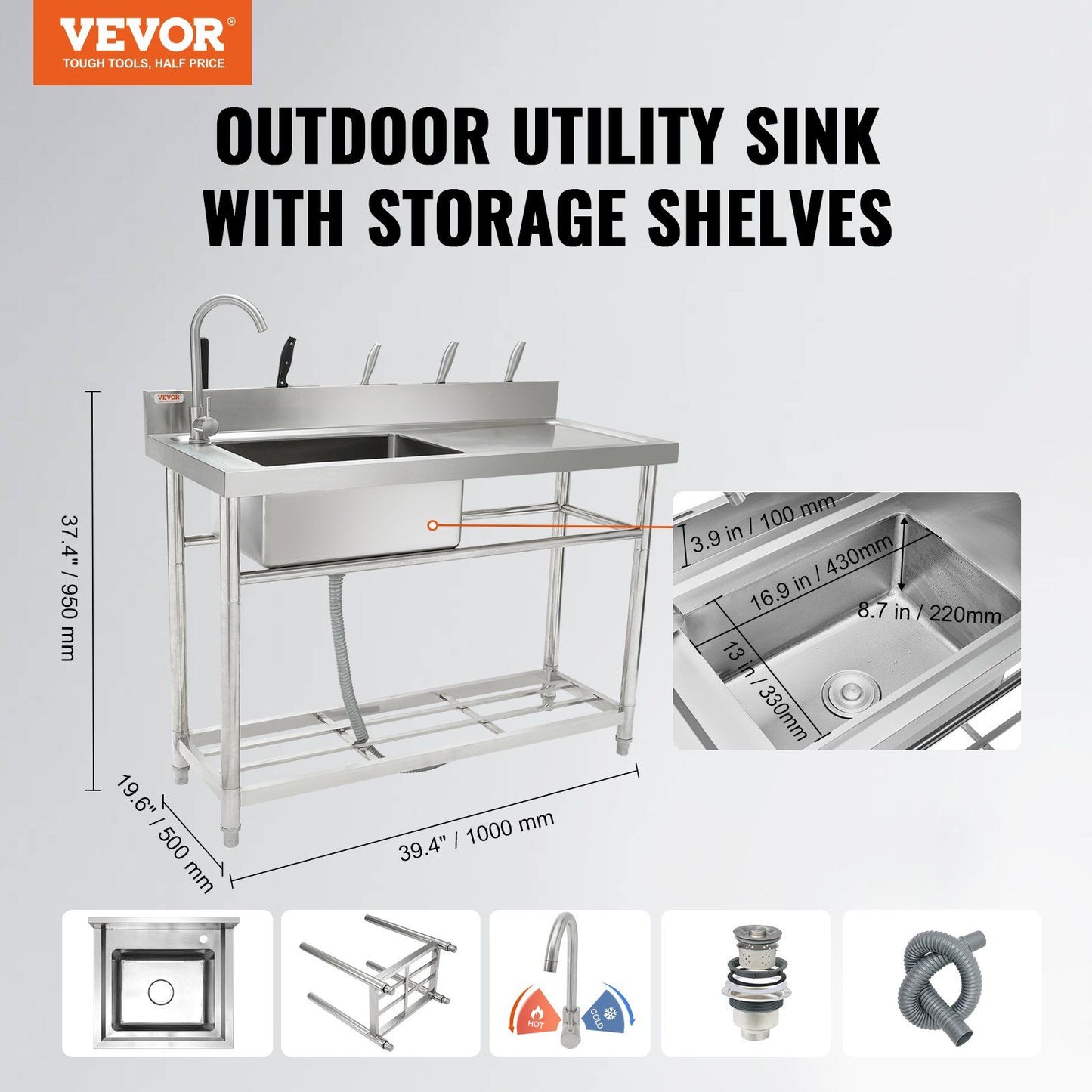 VEVOR Stainless Steel Free Standing Utility Small w/Workbench Faucet & Legs, 39.4 x 19.1 x 37.4 in