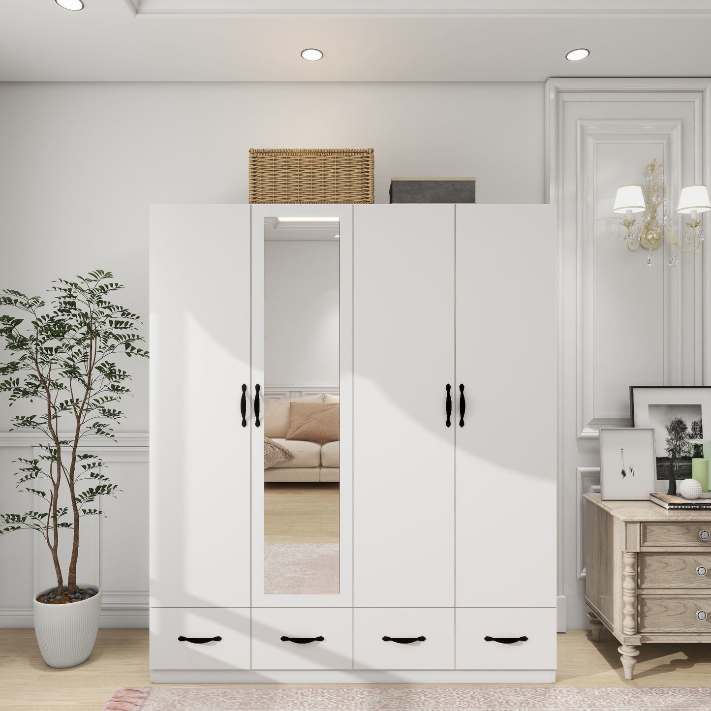 Armoire Wardrobe Closet 4 Door: 4 Drawers Wooden Cabinet Closet Wardrobe with Mirror and Hanging Rod High Storage Capacity for White Closet Cabinet 63" L x 20.3" W x 72.7" H