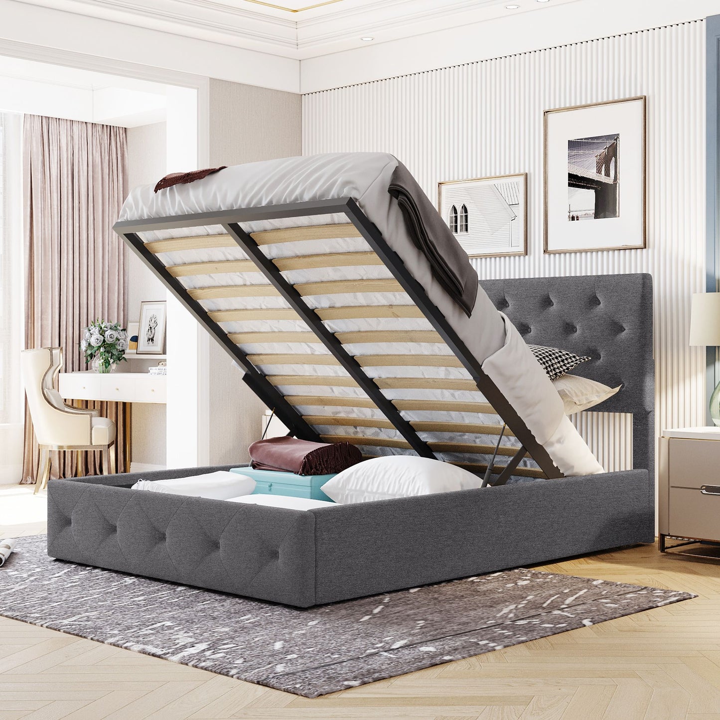 Full size Upholstered Platform Bed with Hydraulic Storage System