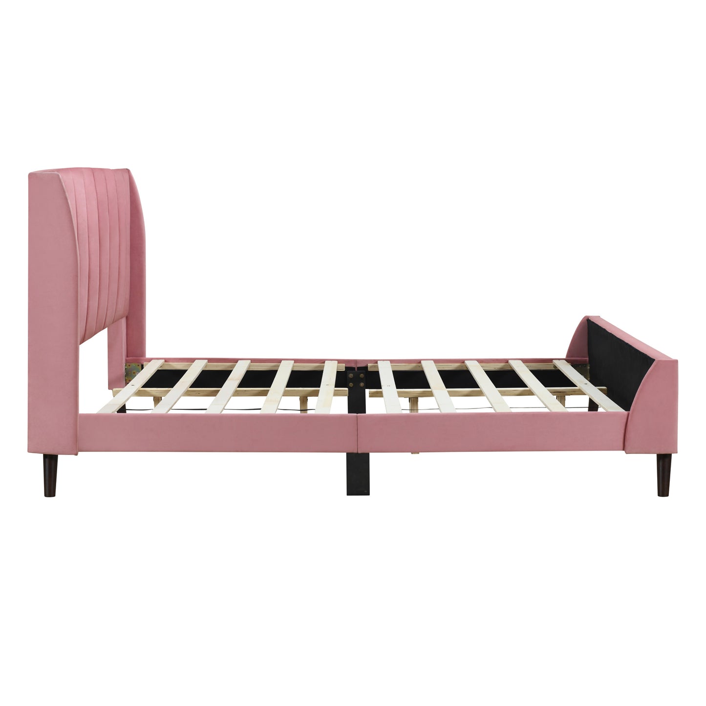 Queen Size Upholstered Platform Bed, Velvet, Pink