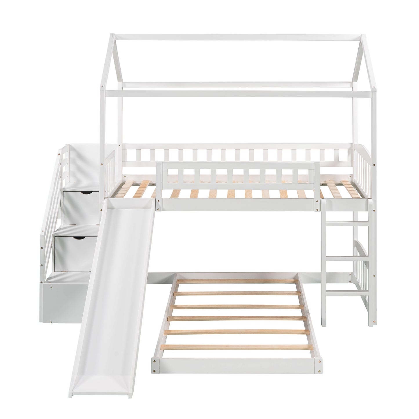 Twin Over Twin Bunk Bed with Two Drawers and Slide, House Bed with Slide