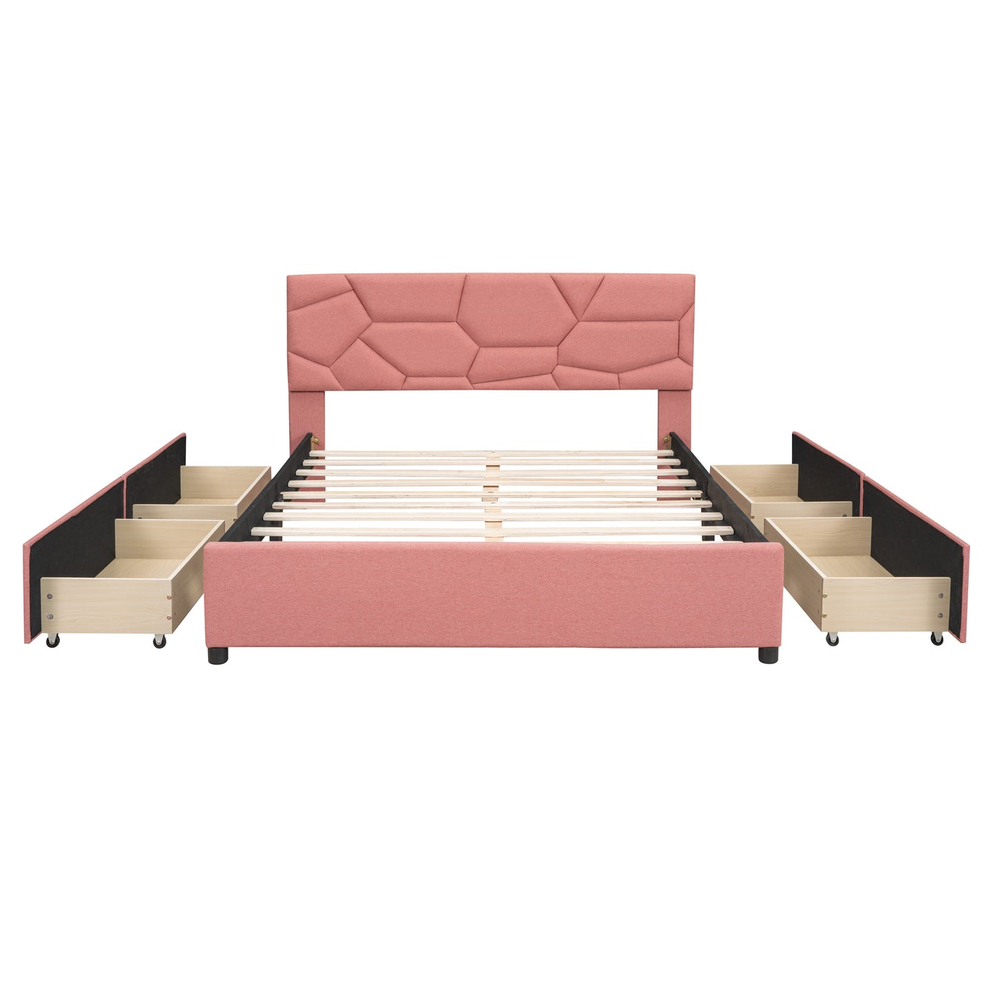 Queen Size Upholstered Platform Bed with Brick Pattern Headboard and 4 Drawers, Linen Fabric, Pink