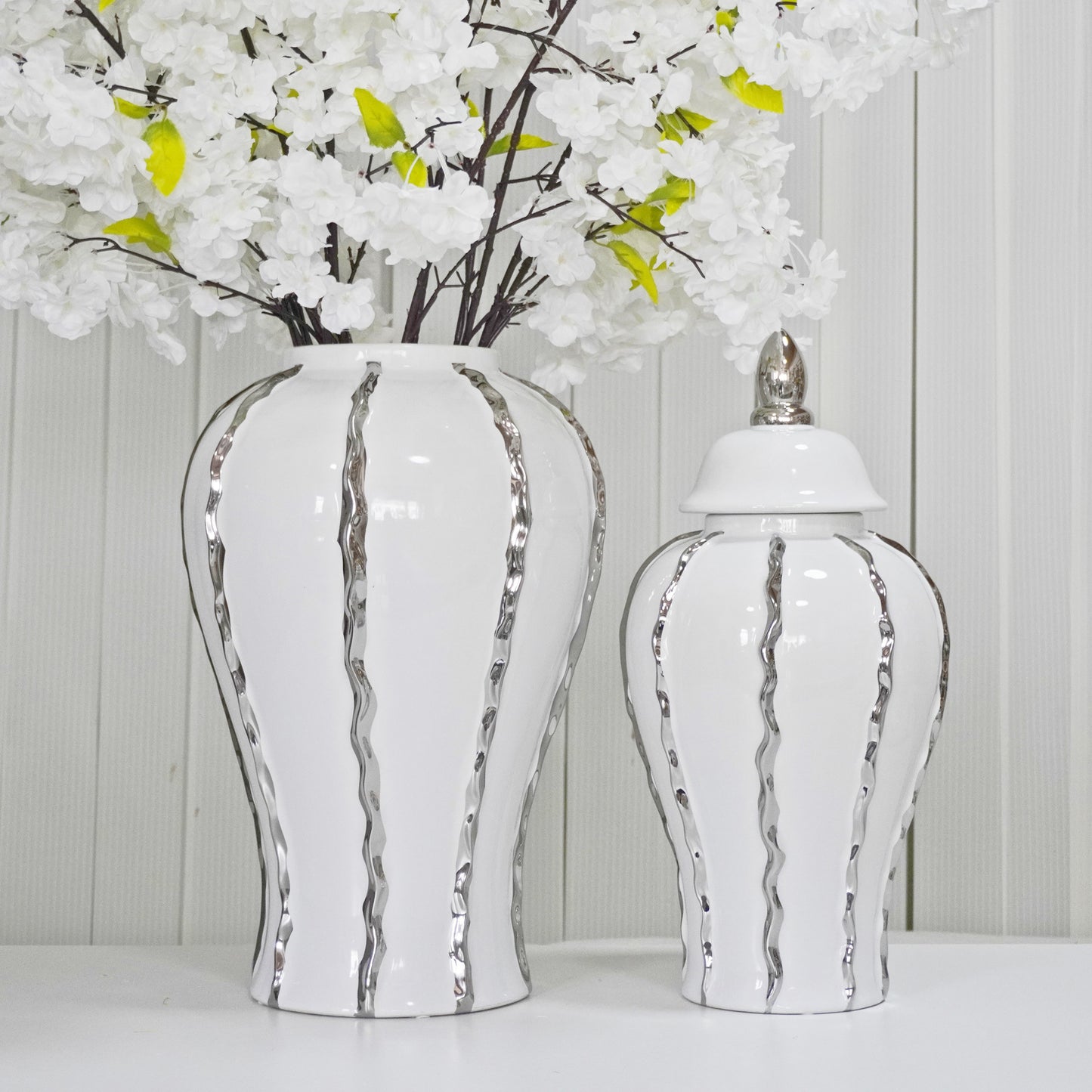 White Ginger Jar with Silver Ornament