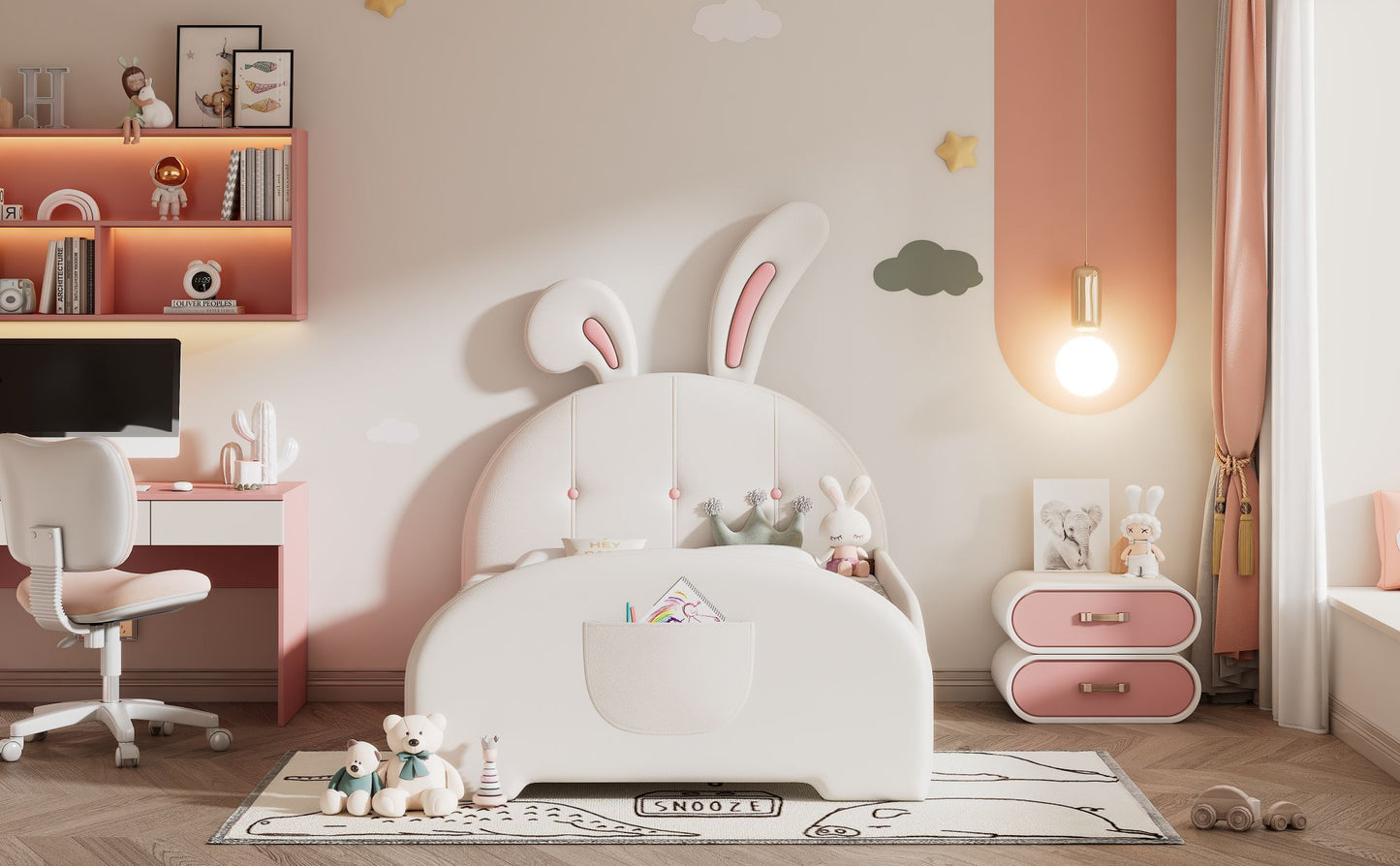 Twin size Upholstered Rabbit-Shape Princess Bed ,Twin Size Platform Bed with Headboard and Footboard,White