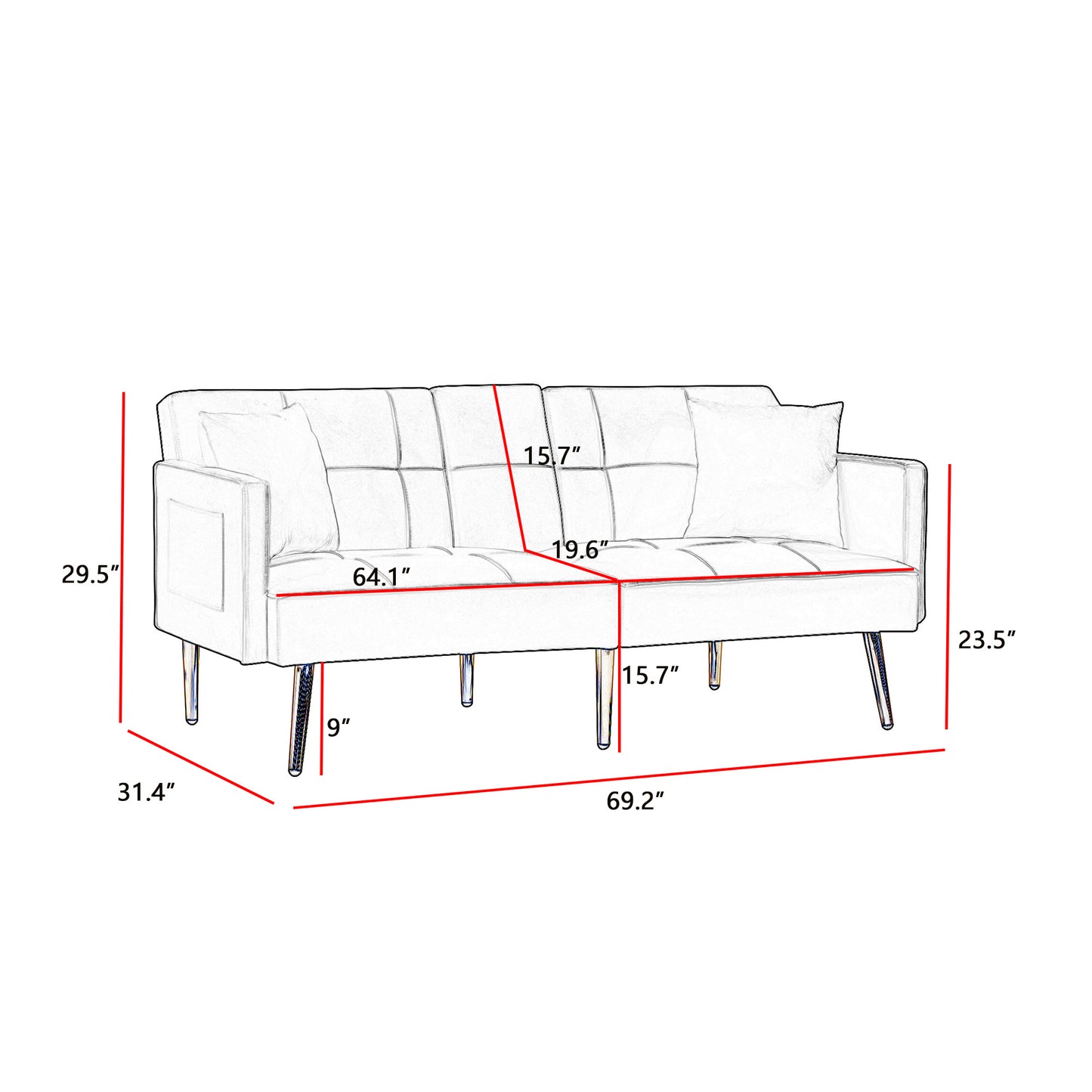 Sicily Pink Convertible Loveseat with Gold Metal Legs