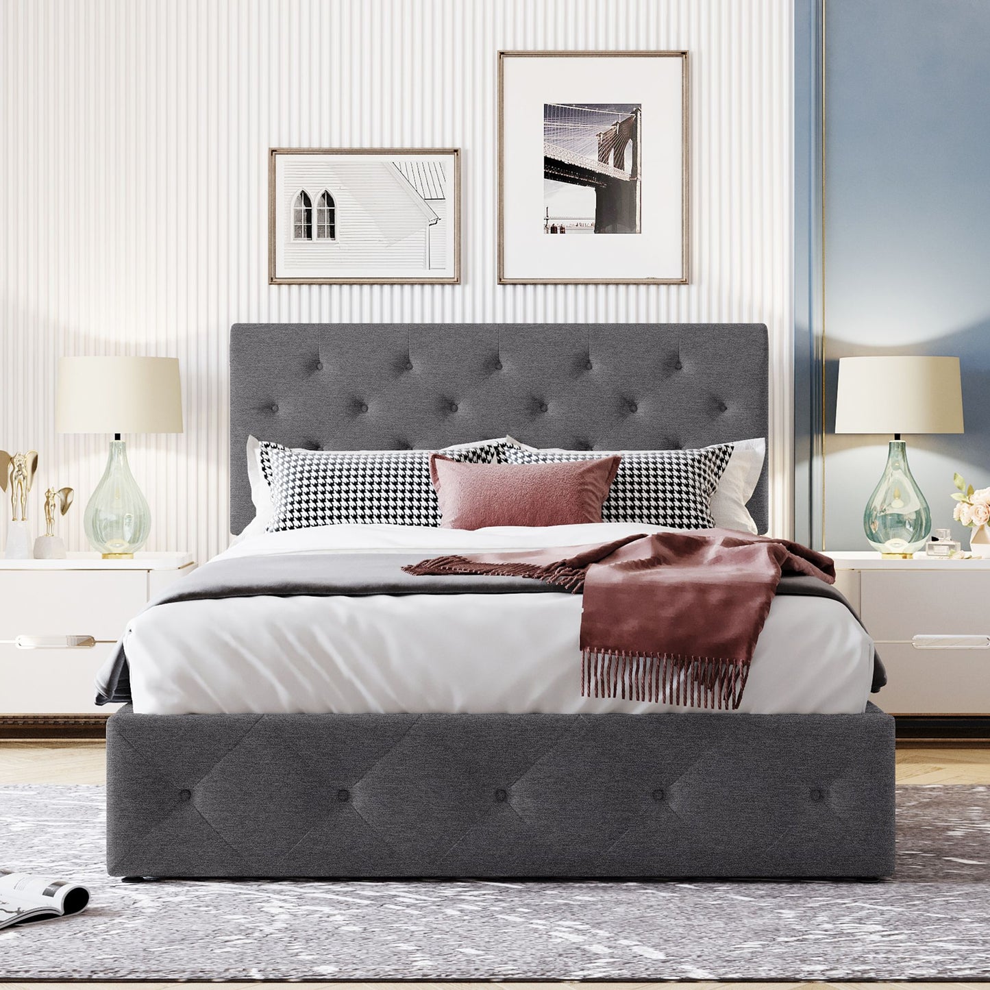 Full size Upholstered Platform Bed with Hydraulic Storage System