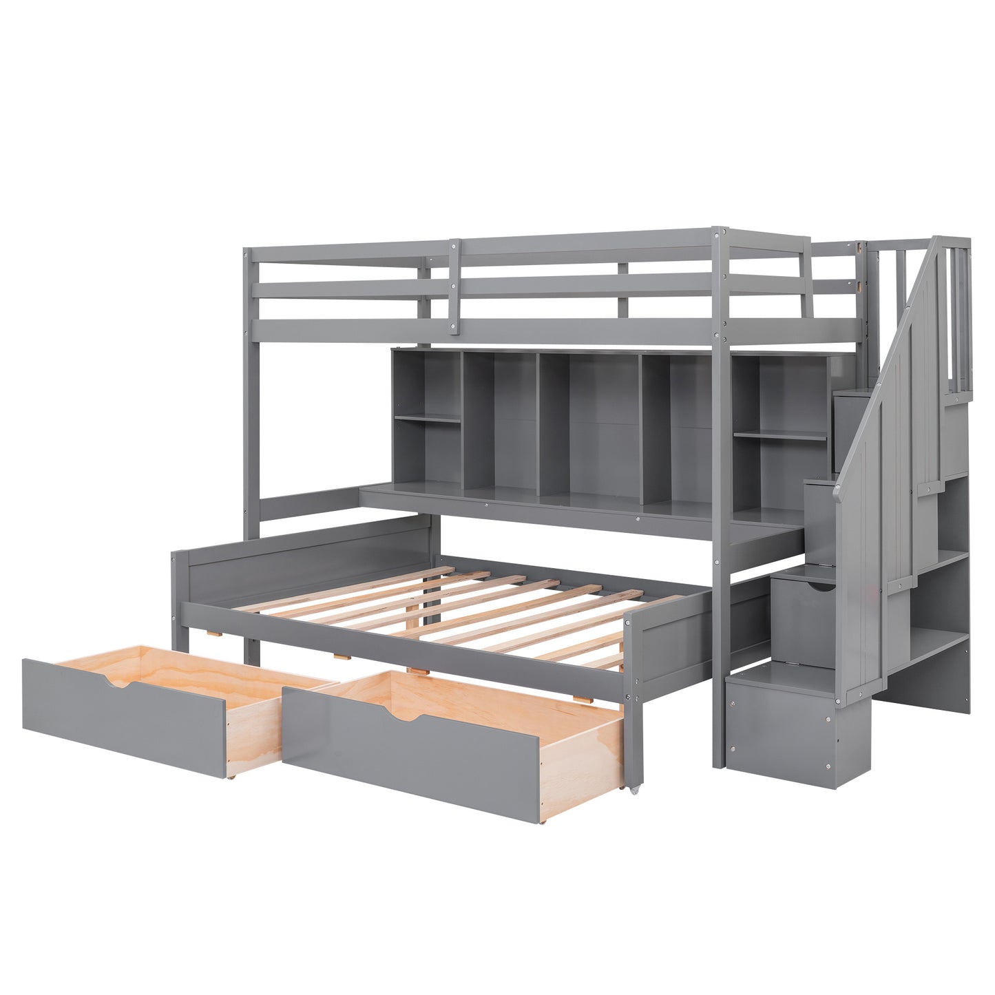 Twin XL over Full Bunk Bed with Built-in Storage Shelves;  Drawers and Staircase