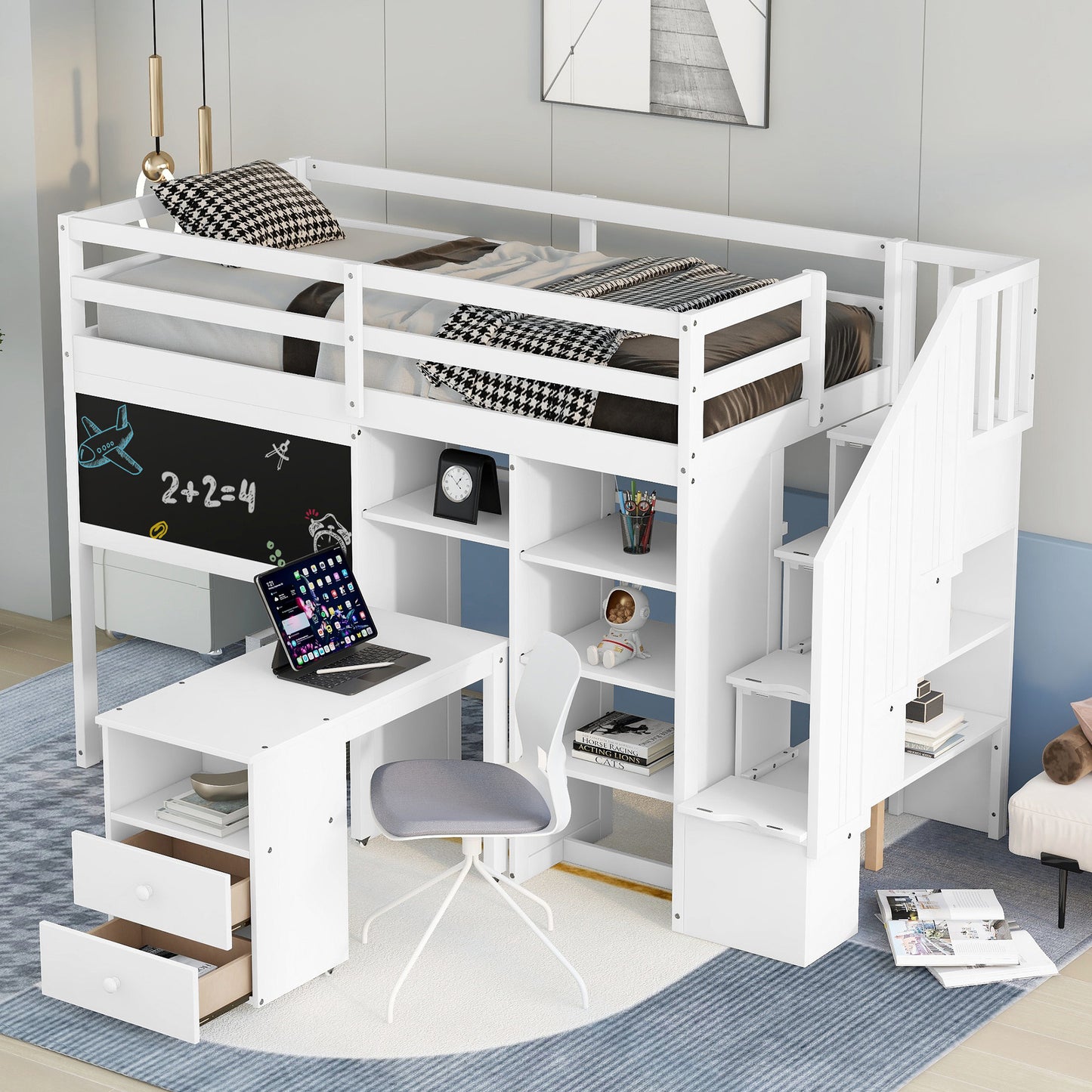 Twin Size Loft Bed with Pullable Desk and Storage Shelves; Staircase and Blackboard