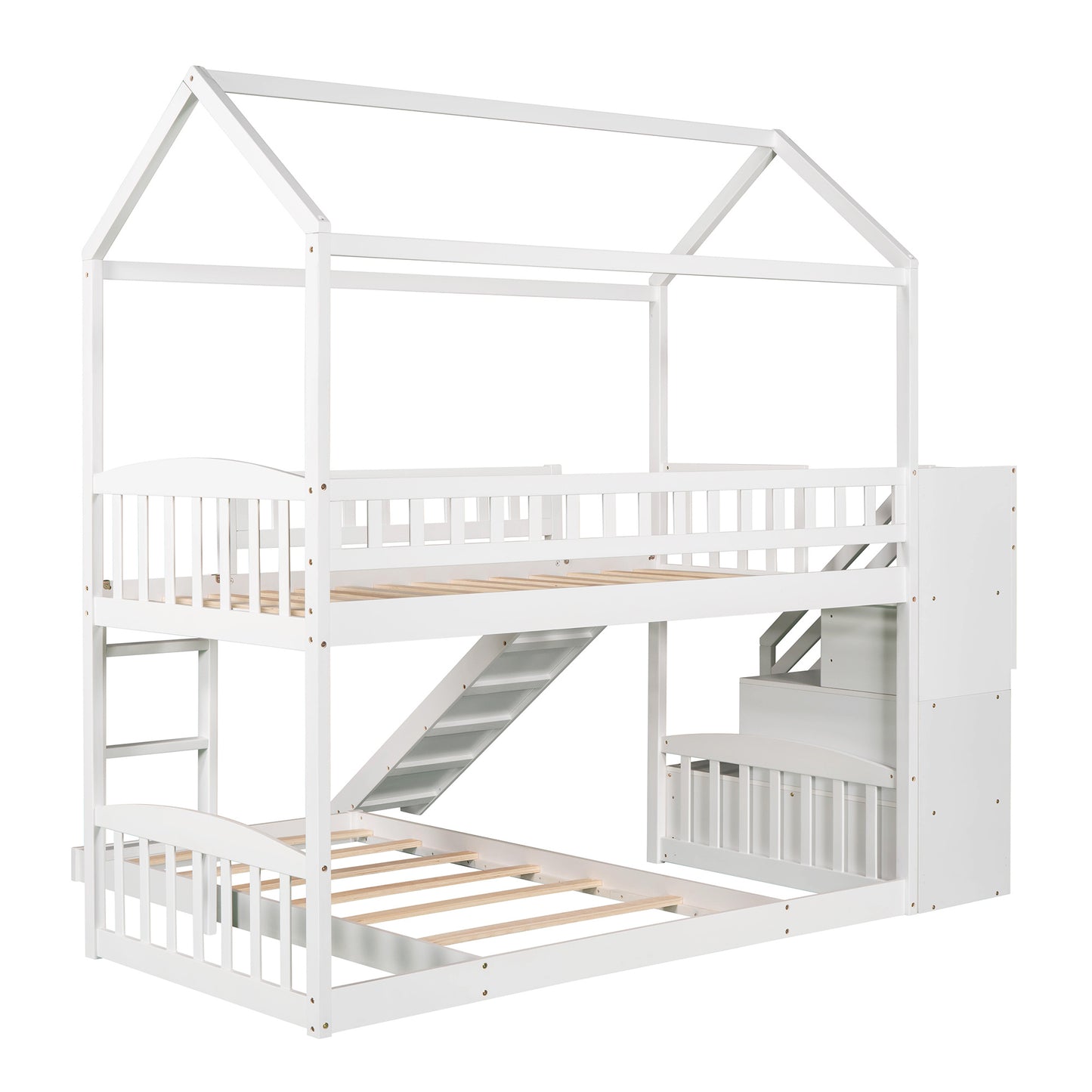 Twin Over Twin Bunk Bed with Two Drawers and Slide, House Bed with Slide