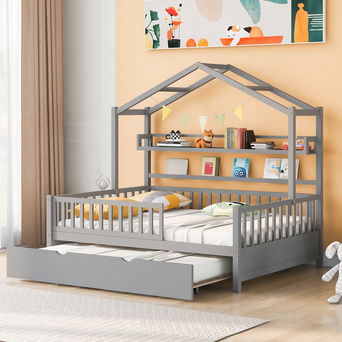 Wooden Full Size House Bed with Twin Size Trundle,Kids Bed with Shelf