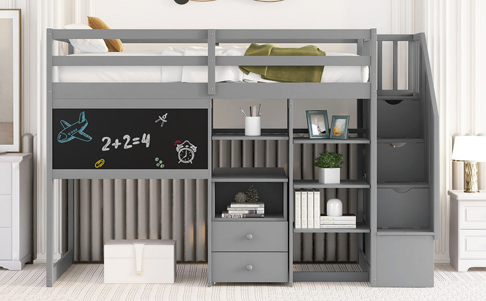 Twin Size Loft Bed with Pullable Desk and Storage Shelves; Staircase and Blackboard