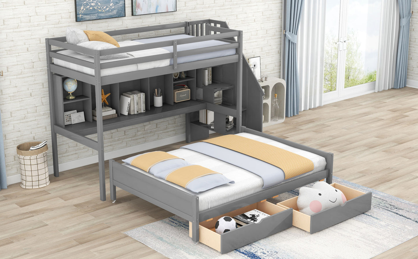 Twin XL over Full Bunk Bed with Built-in Storage Shelves;  Drawers and Staircase