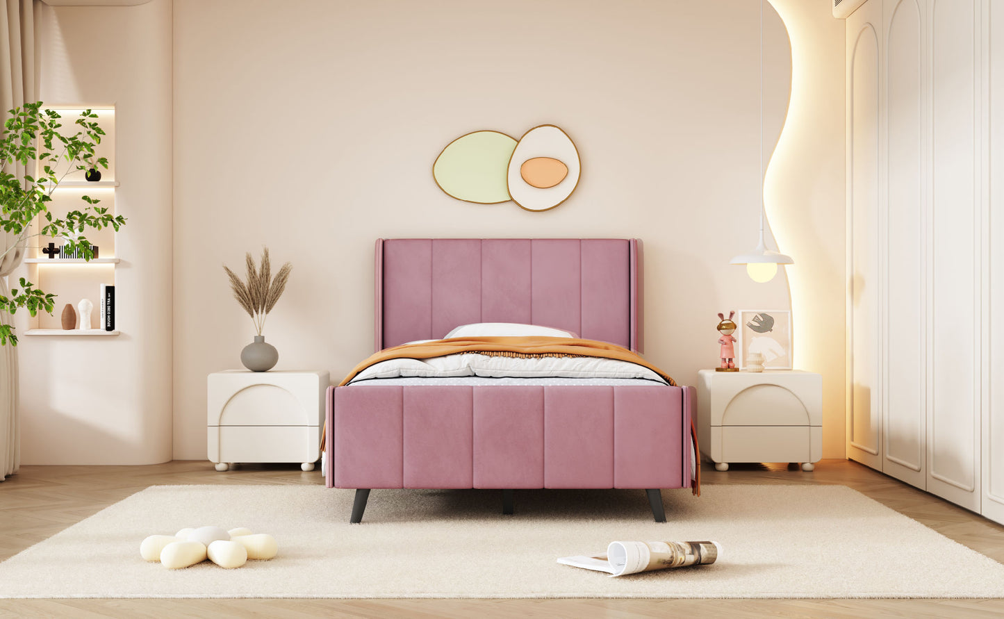 Twin Size Upholstered Platform Bed, Velvet, Pink