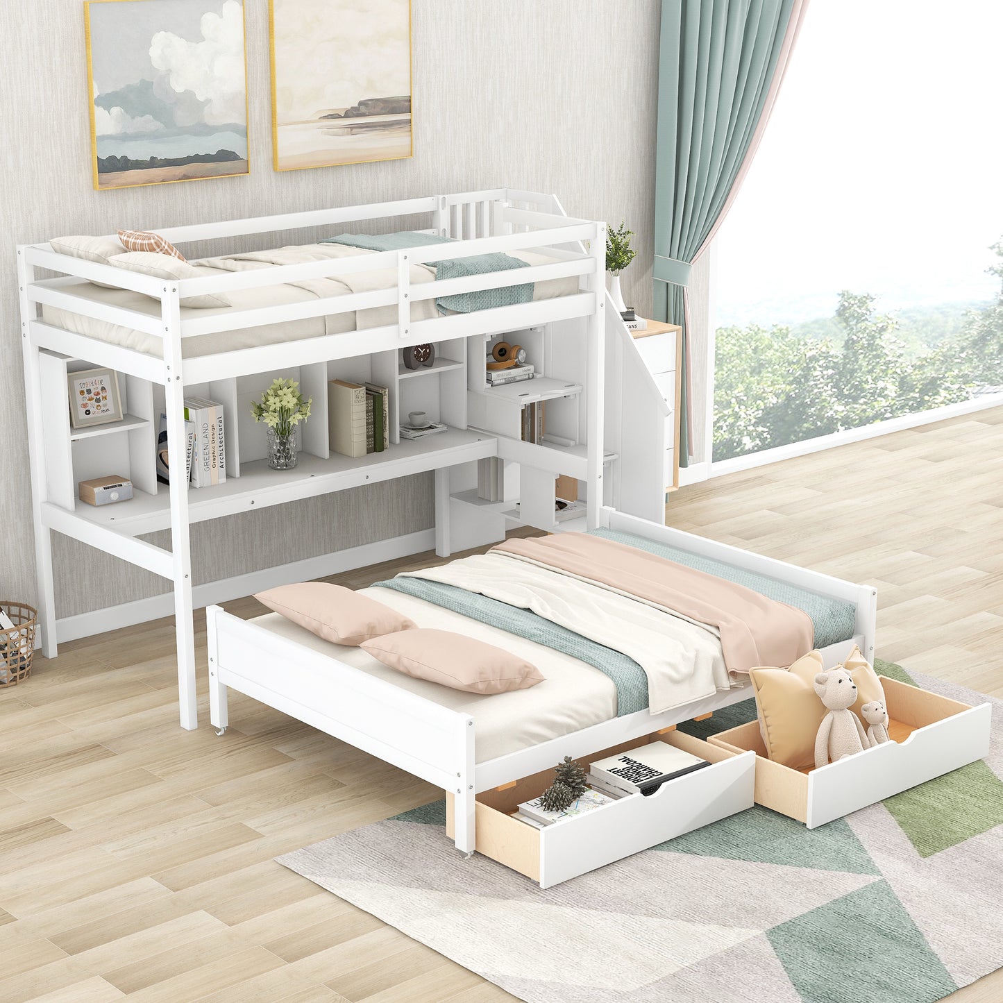 Twin XL over Full Bunk Bed with Built-in Storage Shelves;  Drawers and Staircase