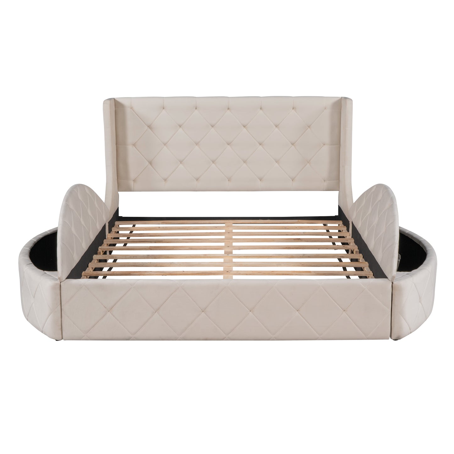 Upholstered Platform Bed Queen Size Storage Velvet Bed with Wingback Headboard and 1 Big Drawer; 2 Side Storage Stool