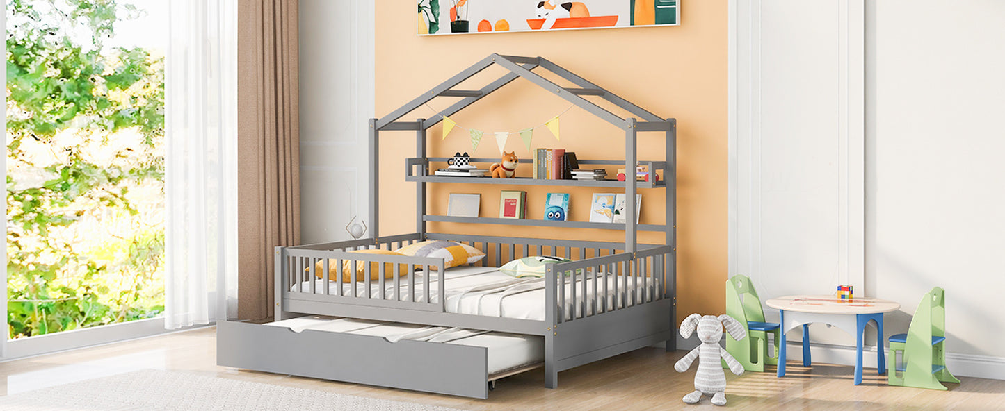 Wooden Full Size House Bed with Twin Size Trundle,Kids Bed with Shelf