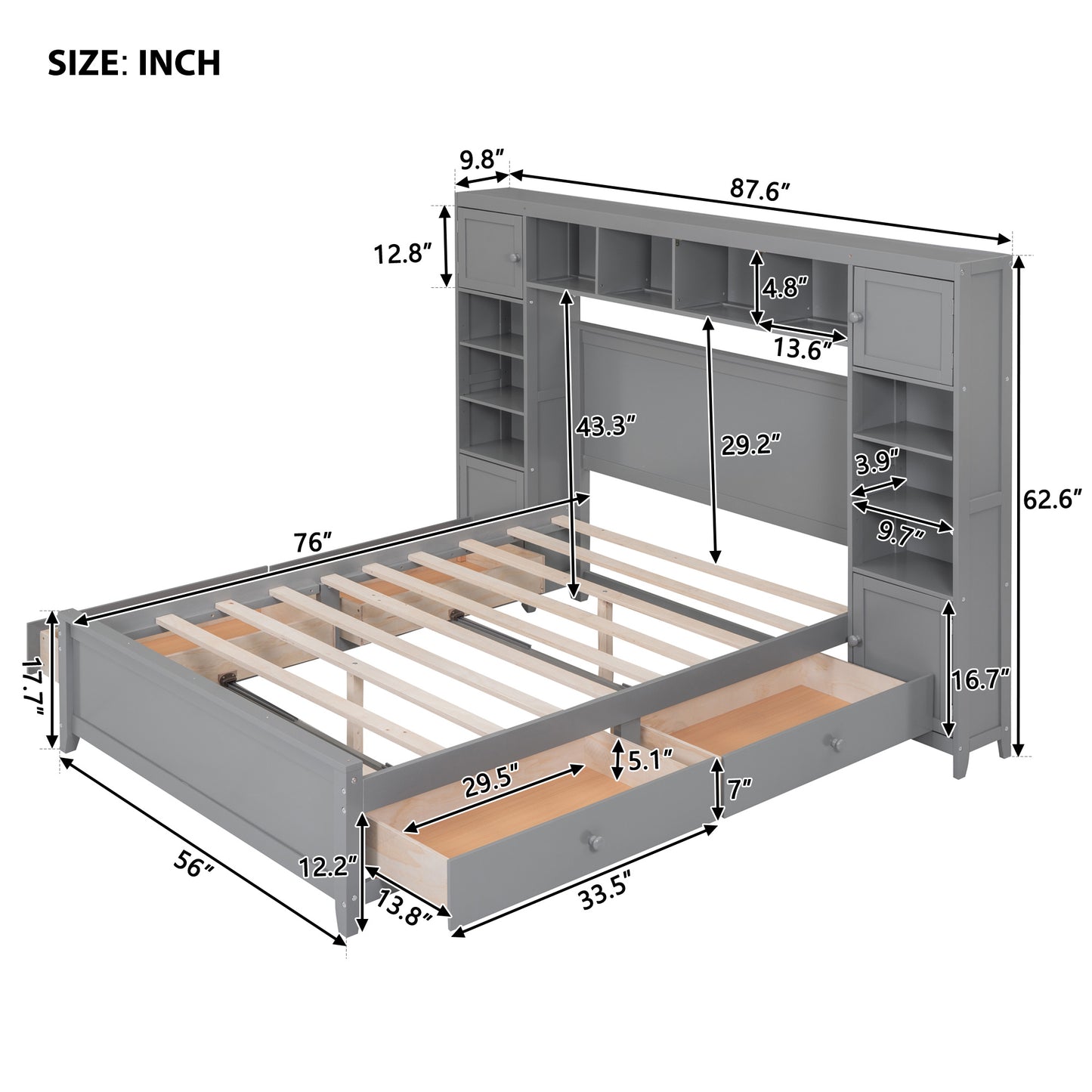 Full Size Wooden Bed With All-in-One Cabinet and Shelf