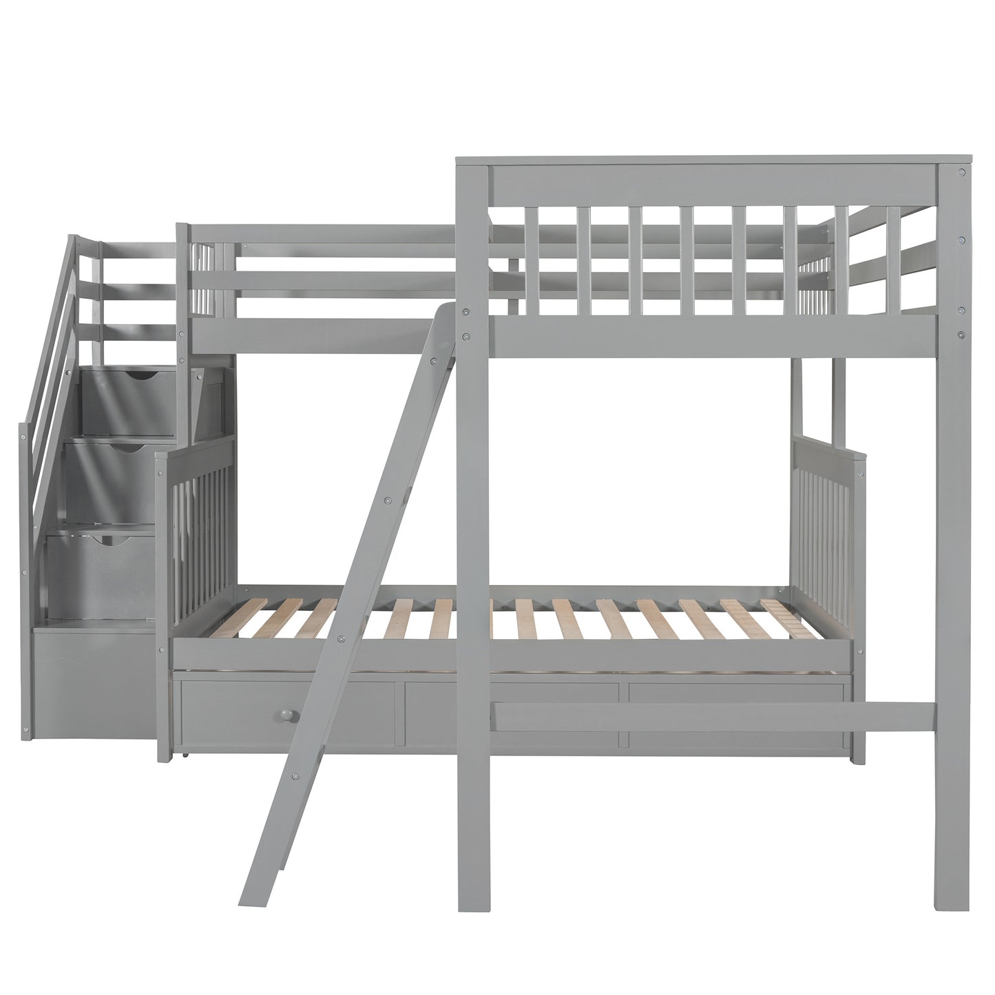 Twin over Full L-Shaped Bunk Bed With 3 Drawers, Ladder and Staircase