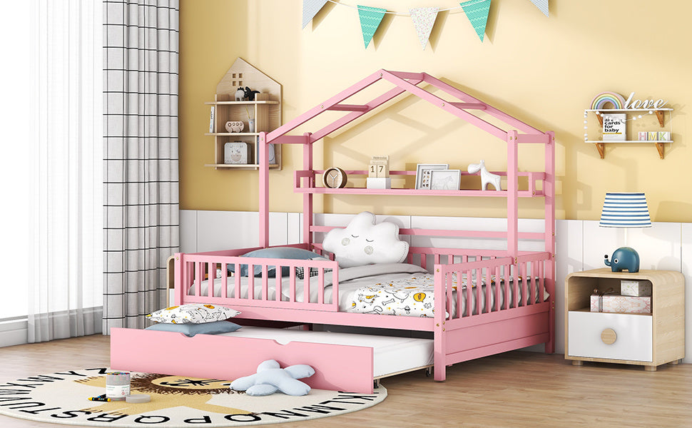 Wooden Full Size House Bed with Twin Size Trundle,Kids Bed with Shelf