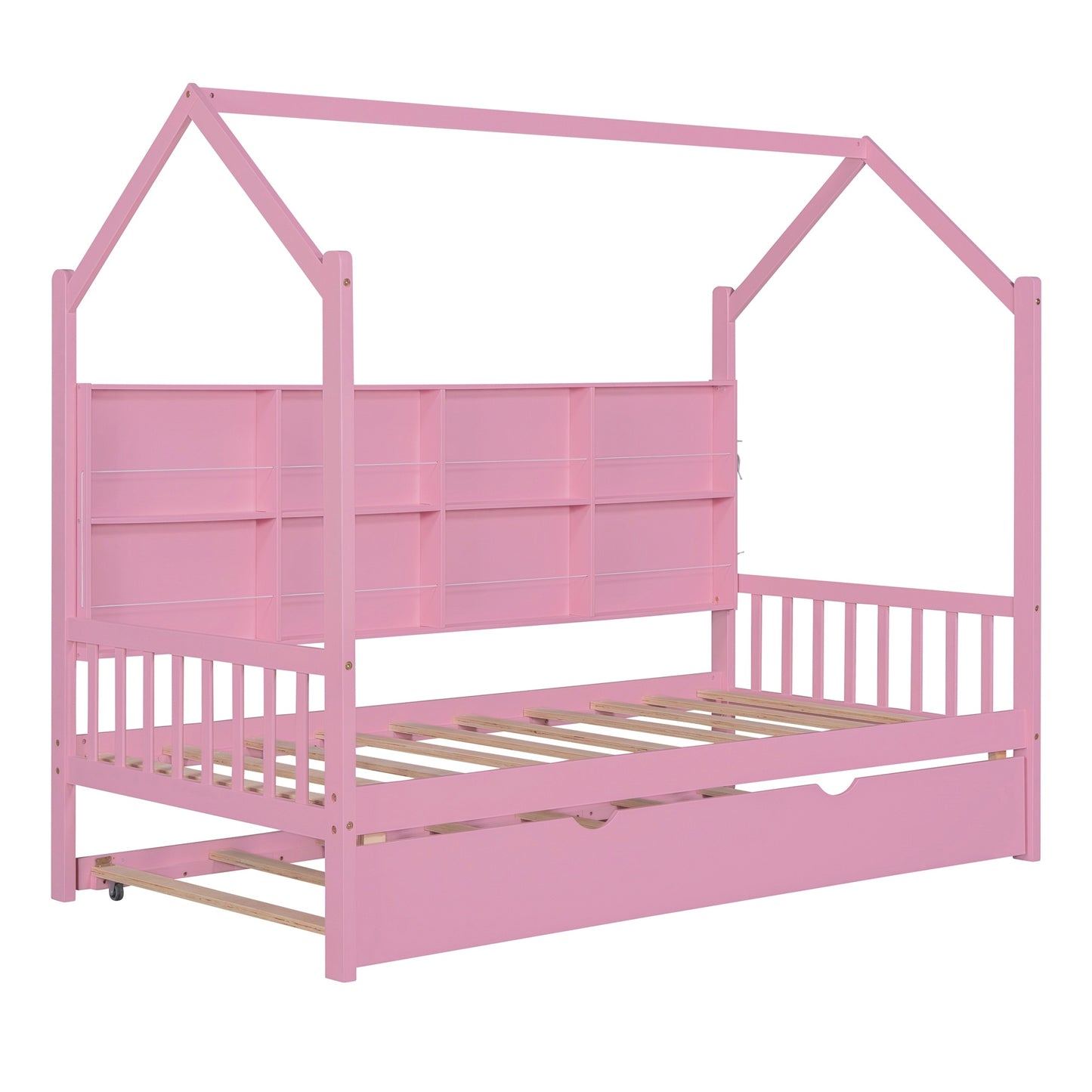 Wooden Twin Size House Bed with Trundle,Kids Bed with Shelf