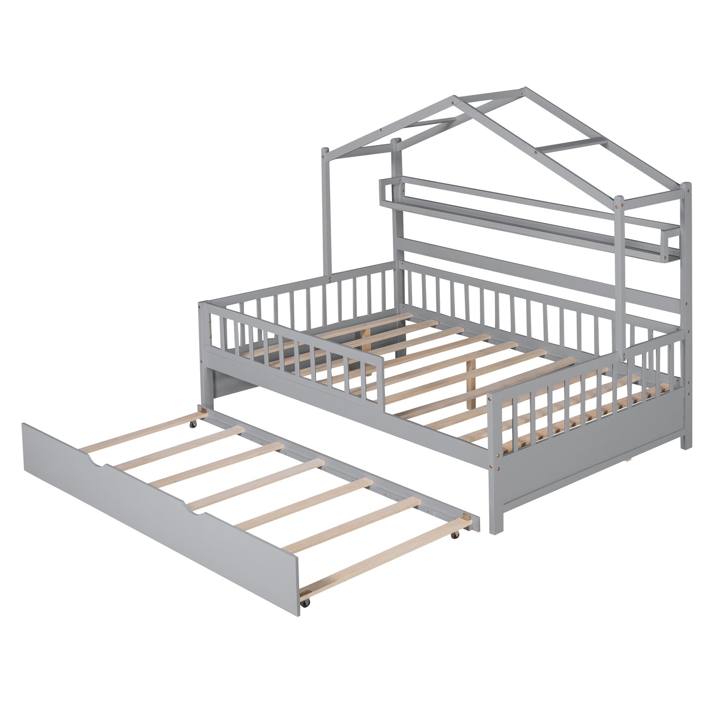 Wooden Full Size House Bed with Twin Size Trundle,Kids Bed with Shelf