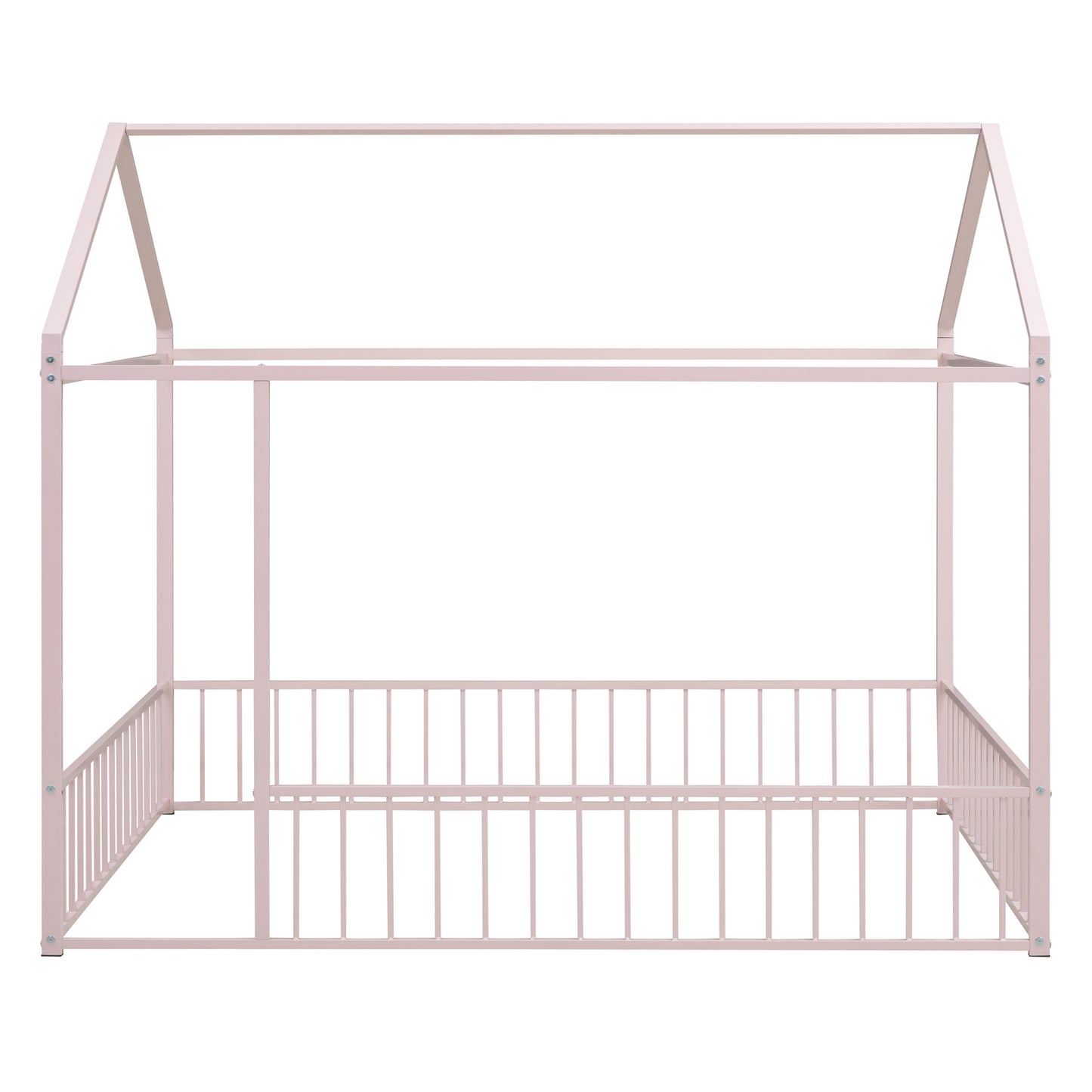 Full Size Metal Bed House Bed Frame with Fence, for Kids, Teens, Girls, Boys,Pink