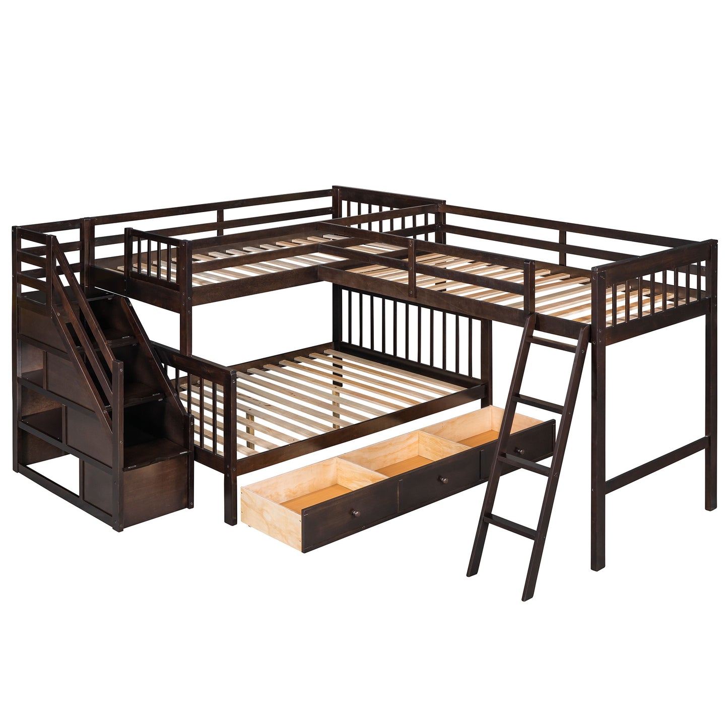 Twin over Full L-Shaped Bunk Bed With 3 Drawers, Ladder and Staircase