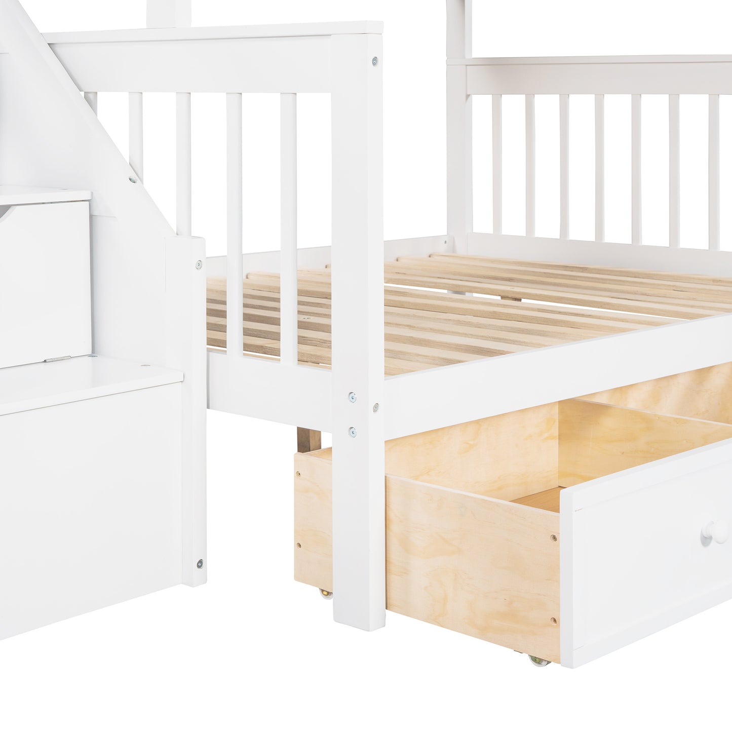 Twin over Full L-Shaped Bunk Bed With 3 Drawers, Ladder and Staircase