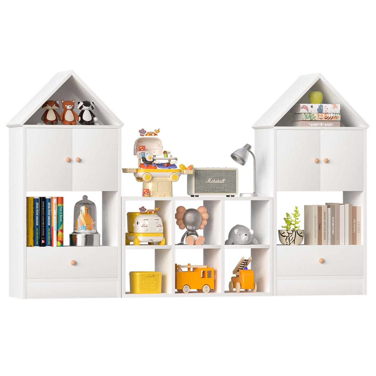 Children's House Shaped Bookcase with Multi-Functional Storage