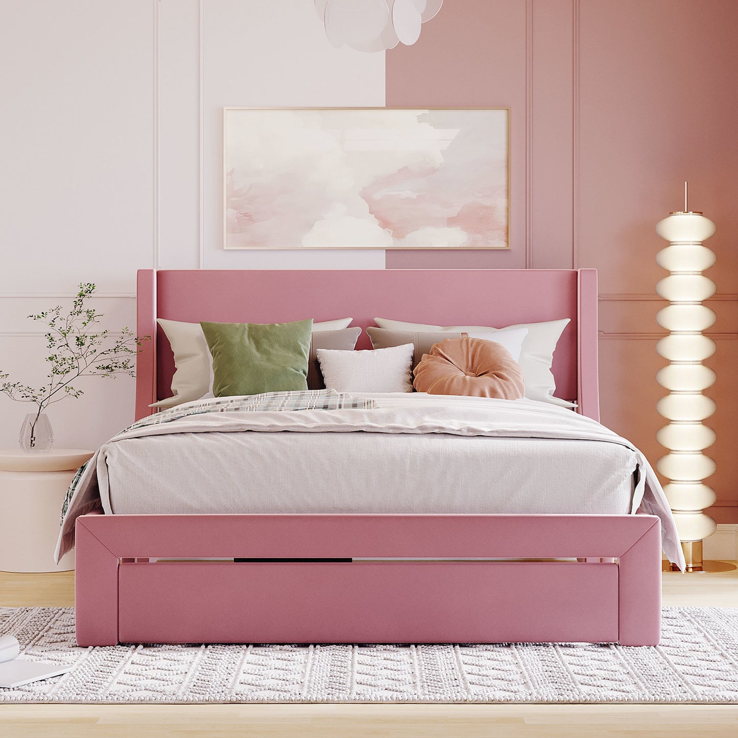 Queen Size Storage Bed Velvet Upholstered Platform Bed with a Big Drawer - Pink