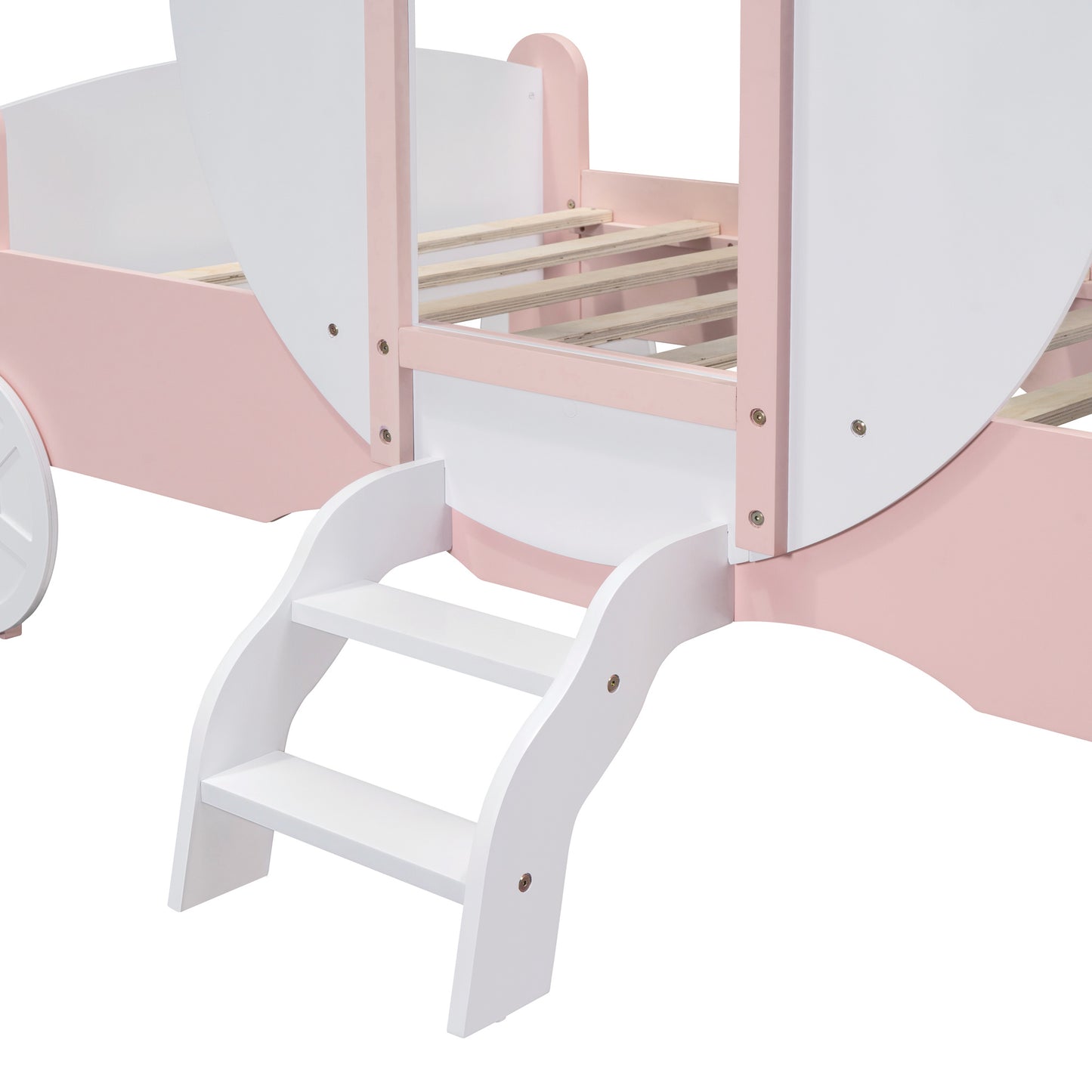 Twin size Princess Carriage Bed with Crown ,Wood Platform Car Bed with Stair,White+Pink