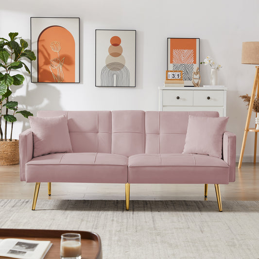 Sicily Pink Convertible Loveseat with Gold Metal Legs