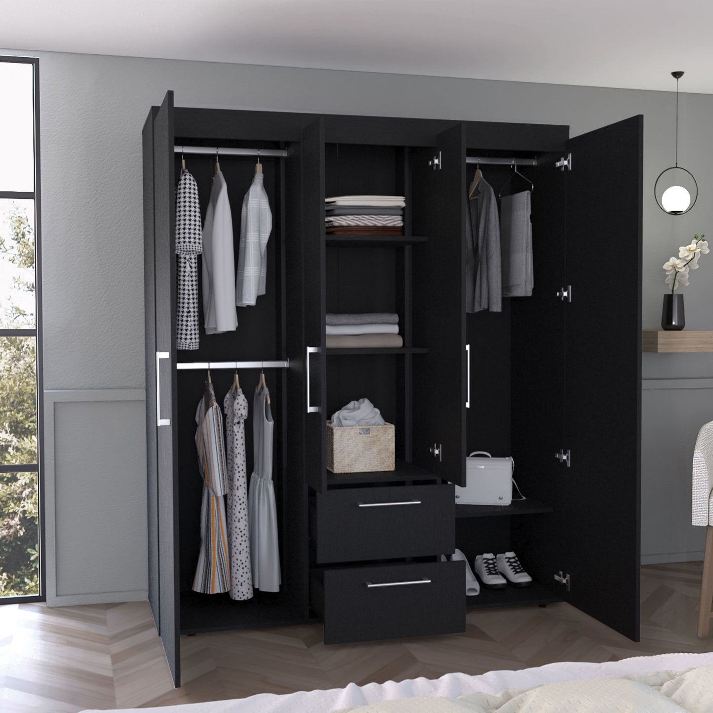 Bariloche Wardrobe with Hanging Rods, Shelves, and 2 Drawers