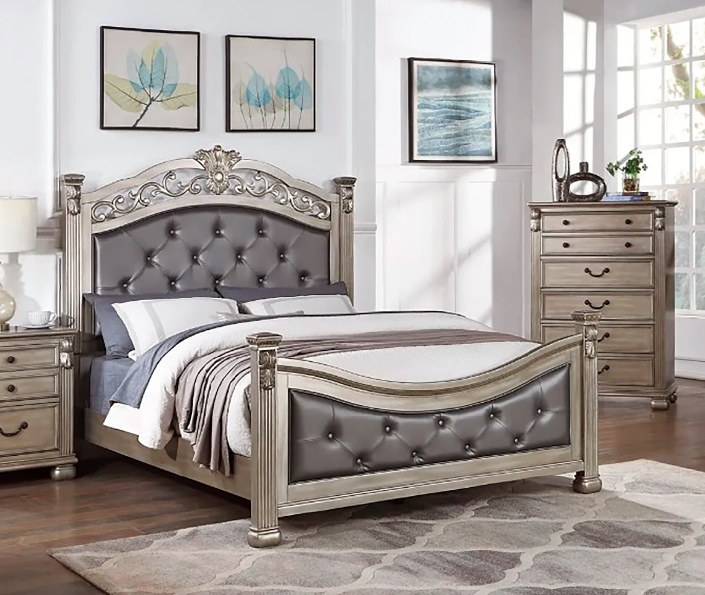 Formal Traditional Antique Silver 1pc California King Size Bed Tufted Faux Leather Headboard Footboard Bedframe