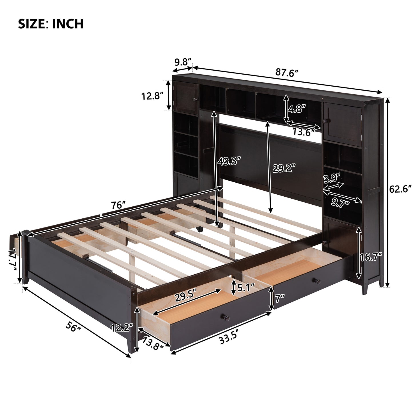 Full Size Wooden Bed With All-in-One Cabinet and Shelf