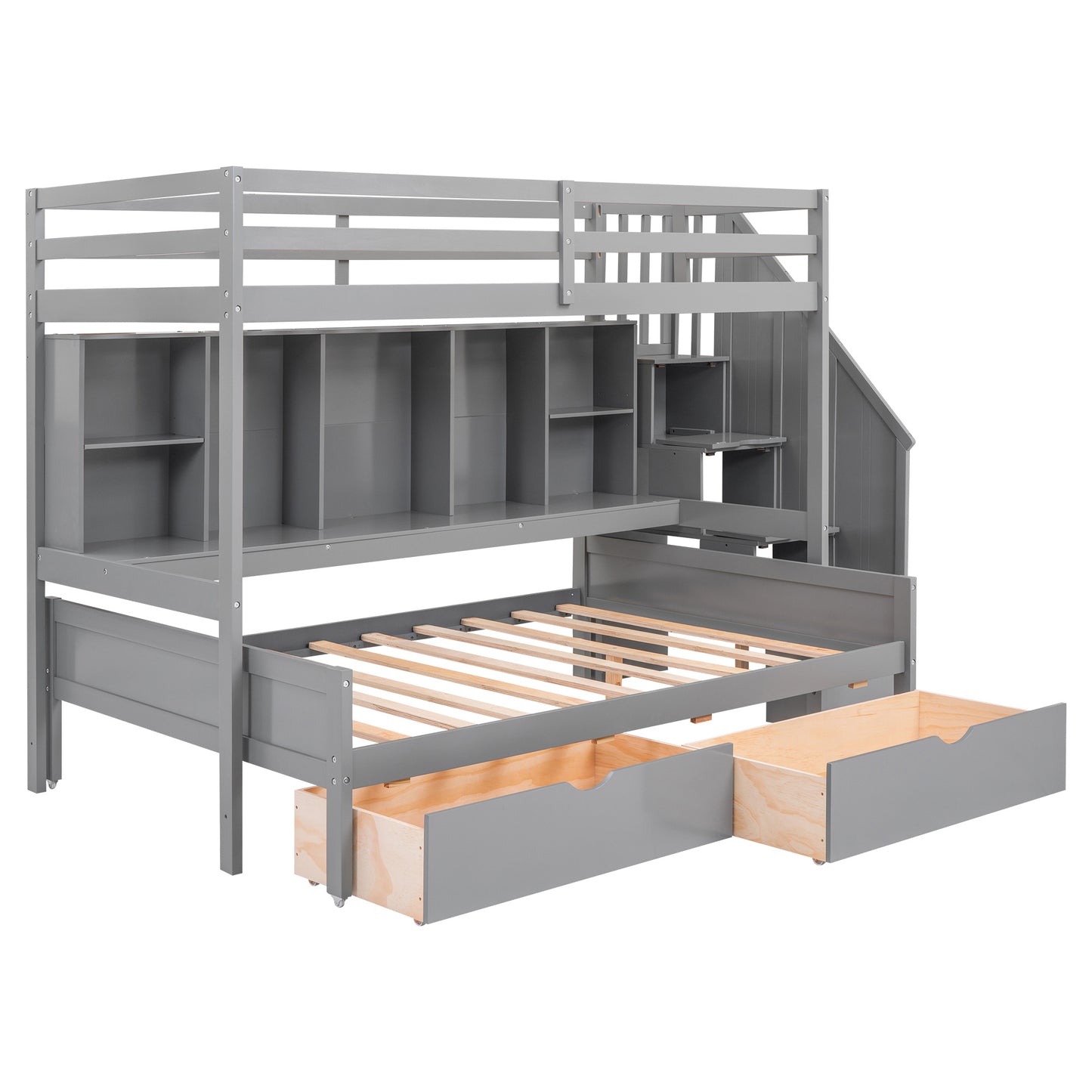 Twin XL over Full Bunk Bed with Built-in Storage Shelves;  Drawers and Staircase