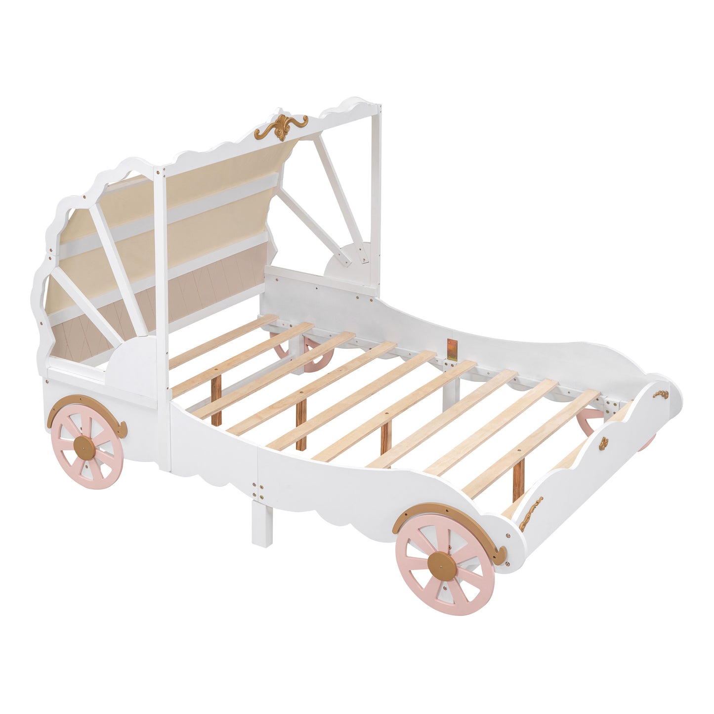 Full Size Princess Carriage Bed with Canopy, Wood Platform Car Bed with 3D Carving Pattern, White+Pink+Gold