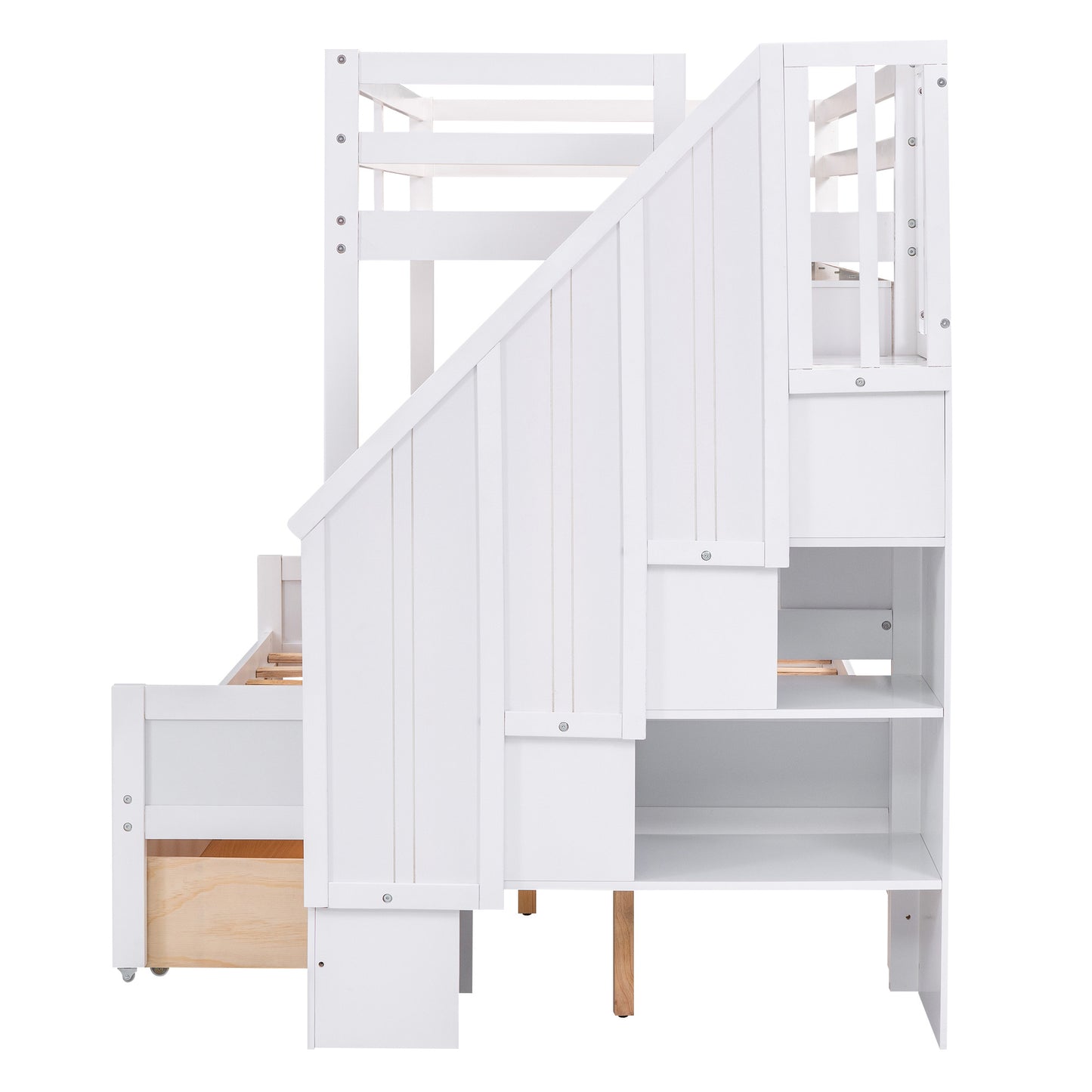 Twin XL over Full Bunk Bed with Built-in Storage Shelves;  Drawers and Staircase