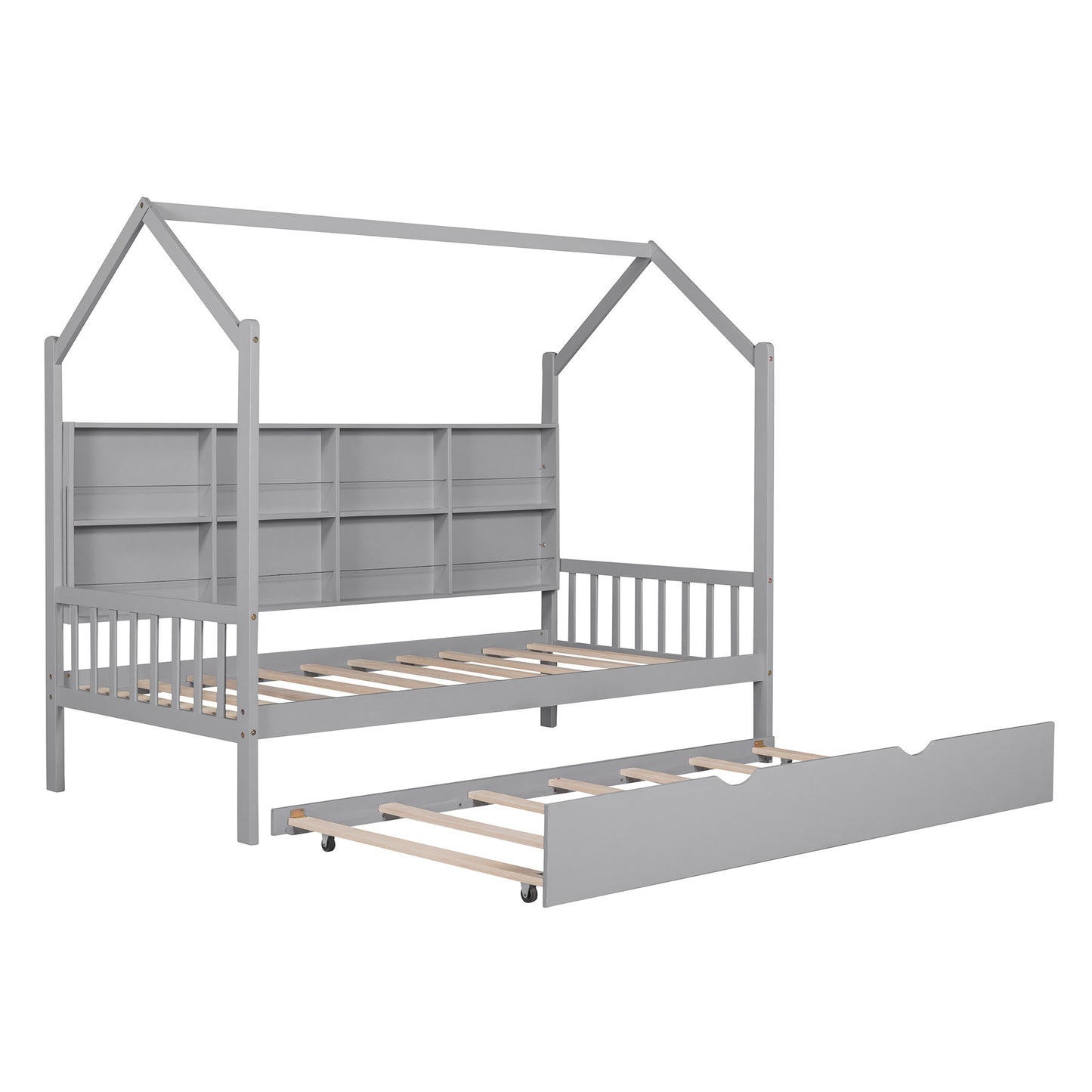 Wooden Twin Size House Bed with Trundle,Kids Bed with Shelf