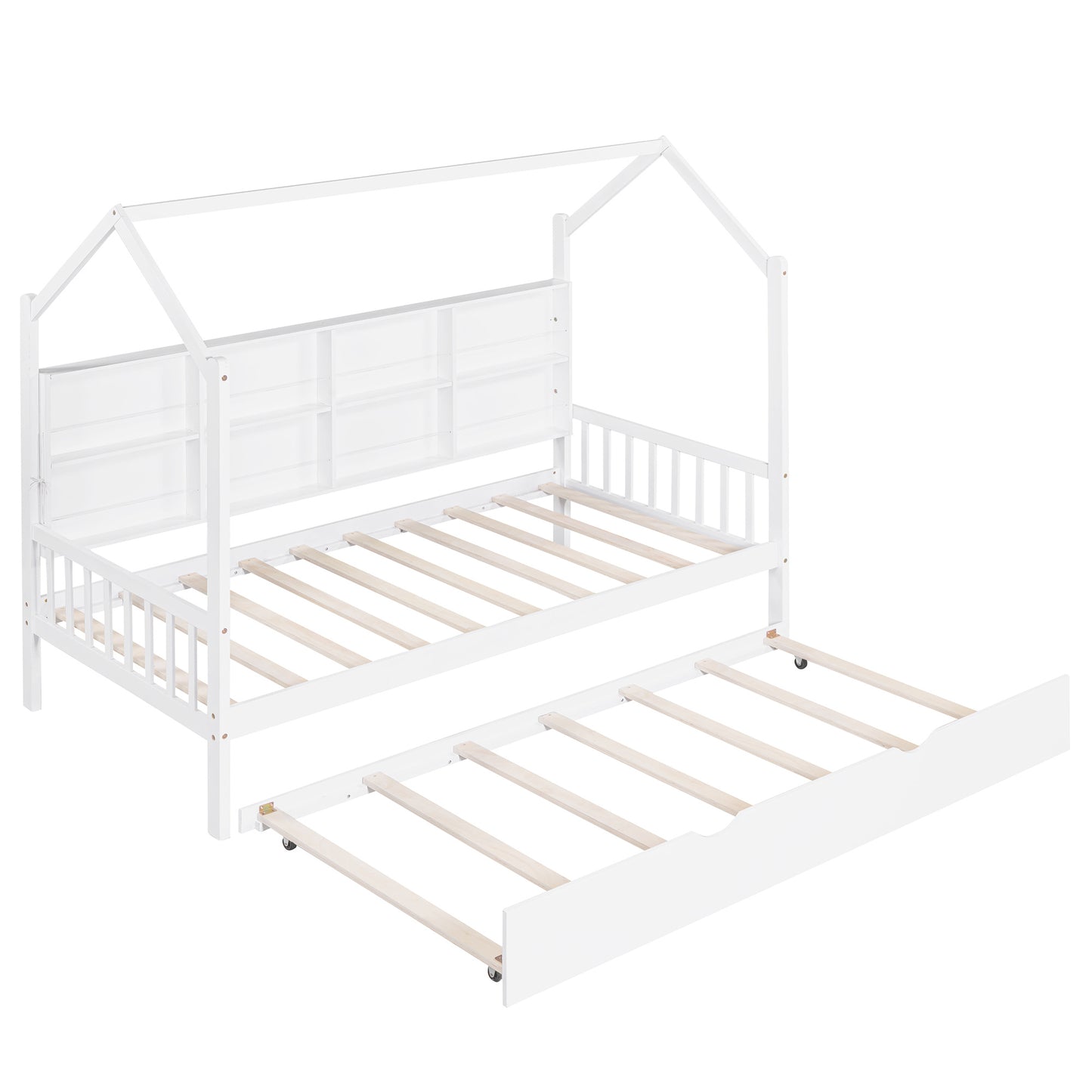 Wooden Twin Size House Bed with Trundle,Kids Bed with Shelf