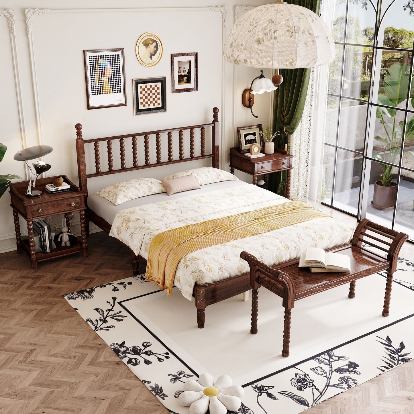 4 Pc. Queen Platform Bedroom Suite with Gourd Shaped Headboard, Storage Nightstand and Bench with Turned Legs in Walnut